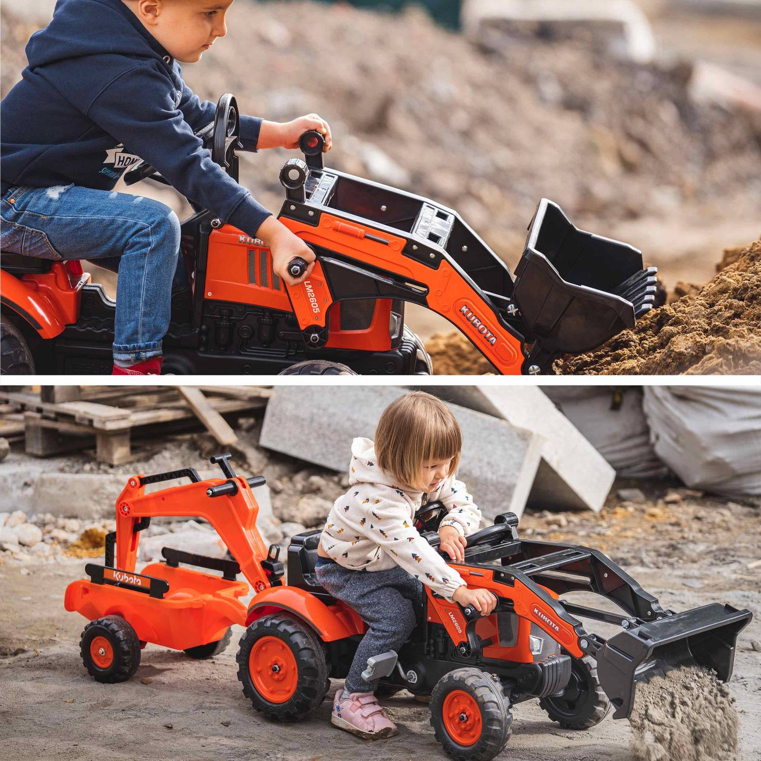 Tractopelle à pédales Kubota orange pour enfant - Ben - Tracteur avec excavatrice arrière et remorque incluse Photo3