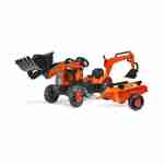 Tractopelle à pédales Kubota orange pour enfant - Ben - Tracteur avec excavatrice arrière et remorque incluse Photo1