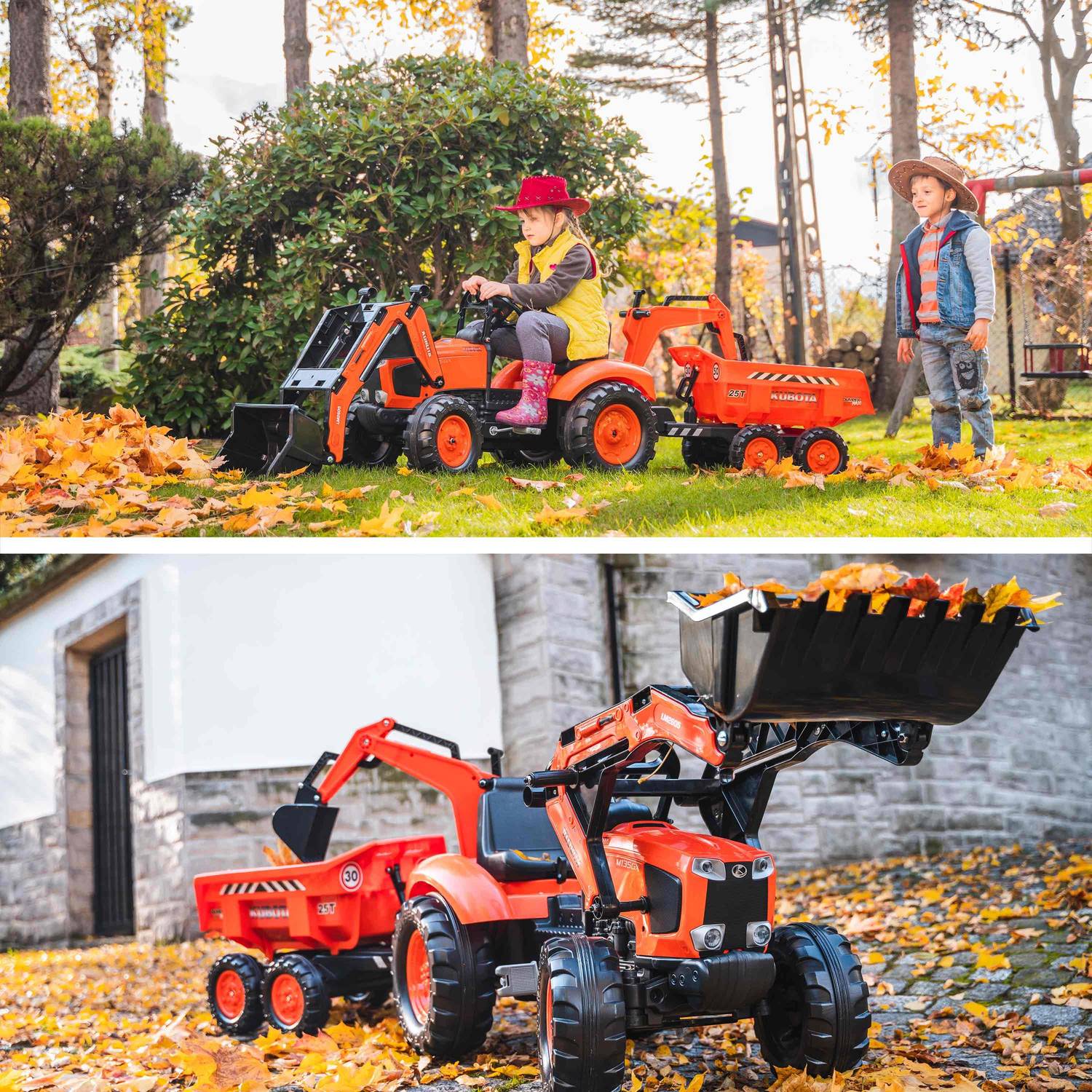  Tractopelle Kubota pour enfant - Bob - Tracteur à pédales avec excavatrice et remorque basculante 4 roues, orange Photo3