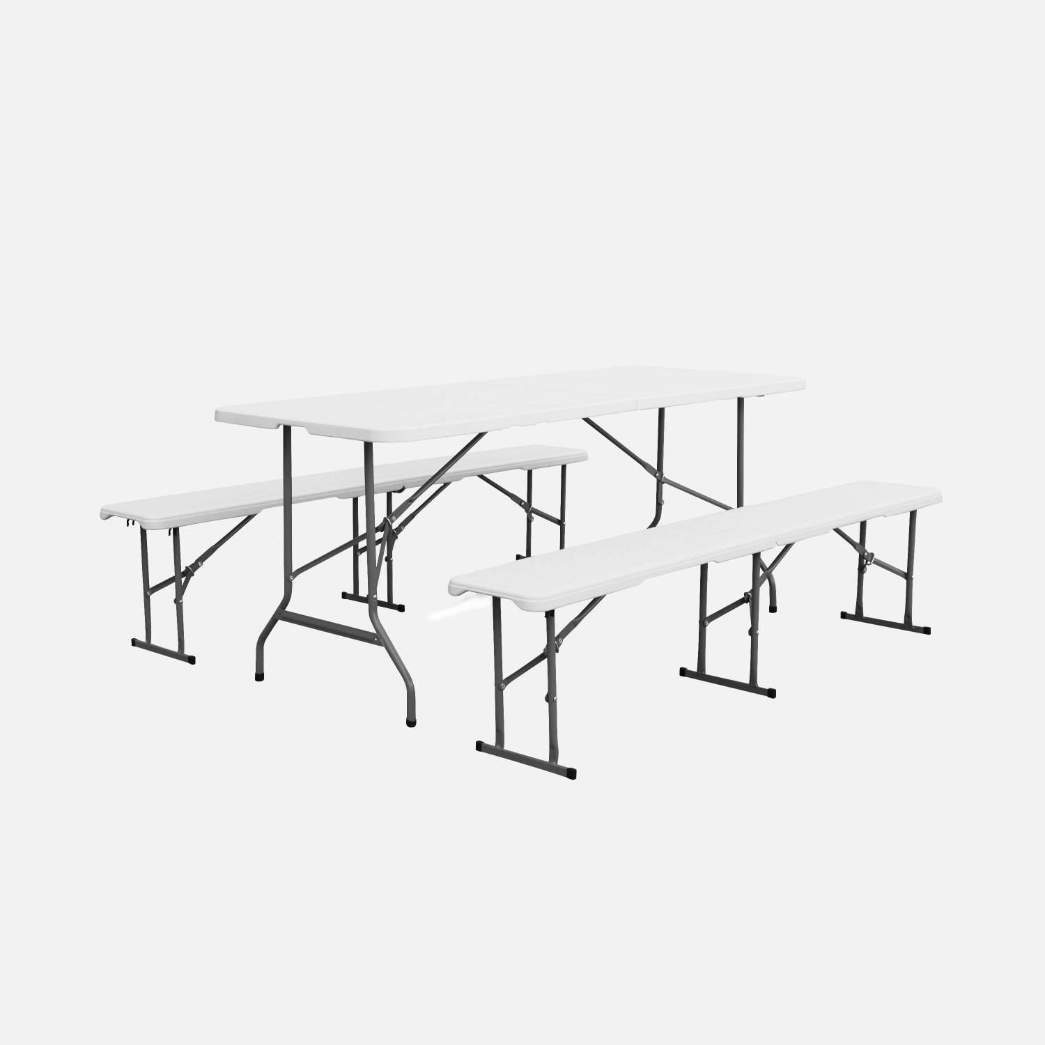 Set de table et bancs de réception, 180cm, pliables, avec poignée de transport, plastique blanc