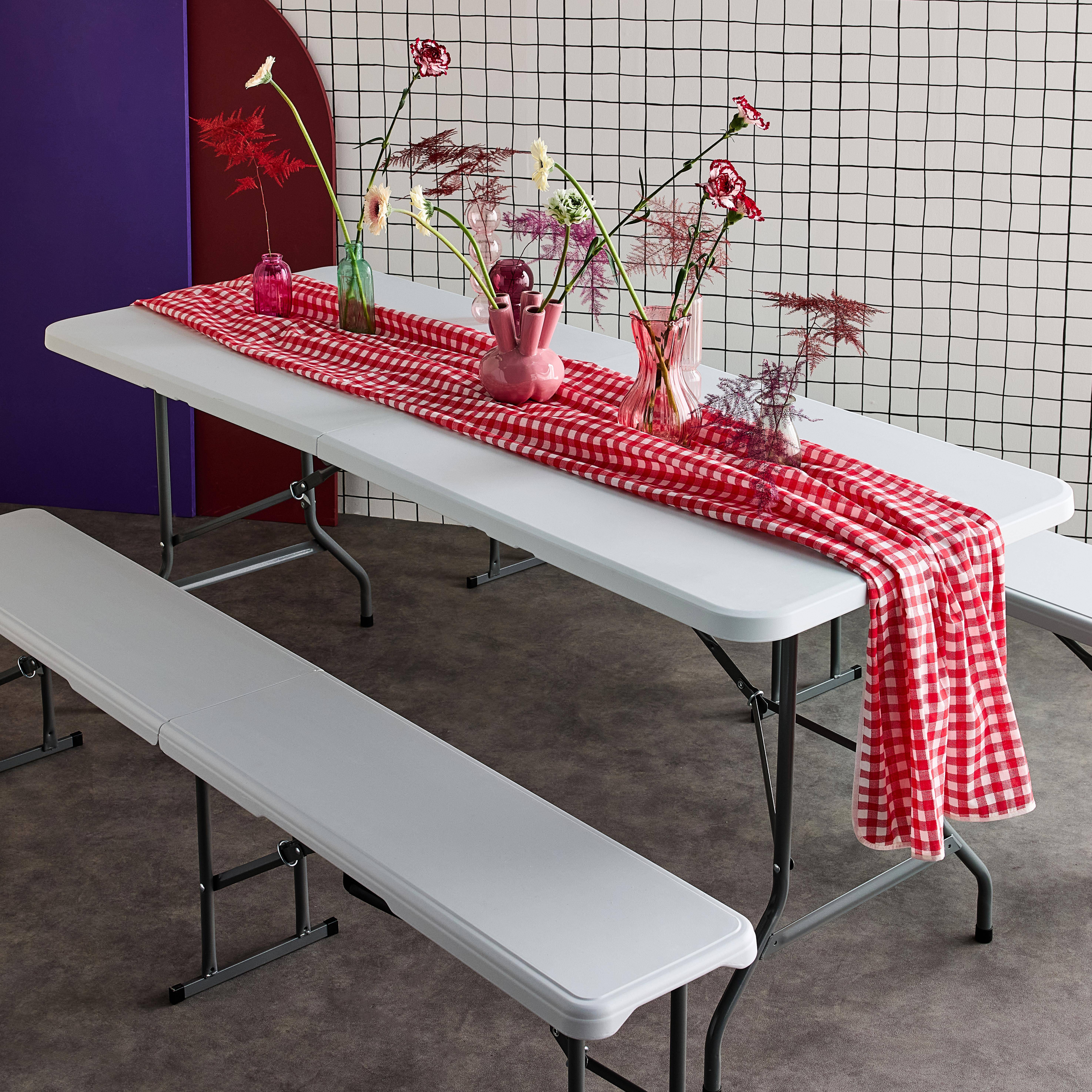 Mesa de receção dobrável em plástico e banco, Conjunto de receção Fiesta, Branco, 180x69.5x73.5 cm,sweeek,Photo4