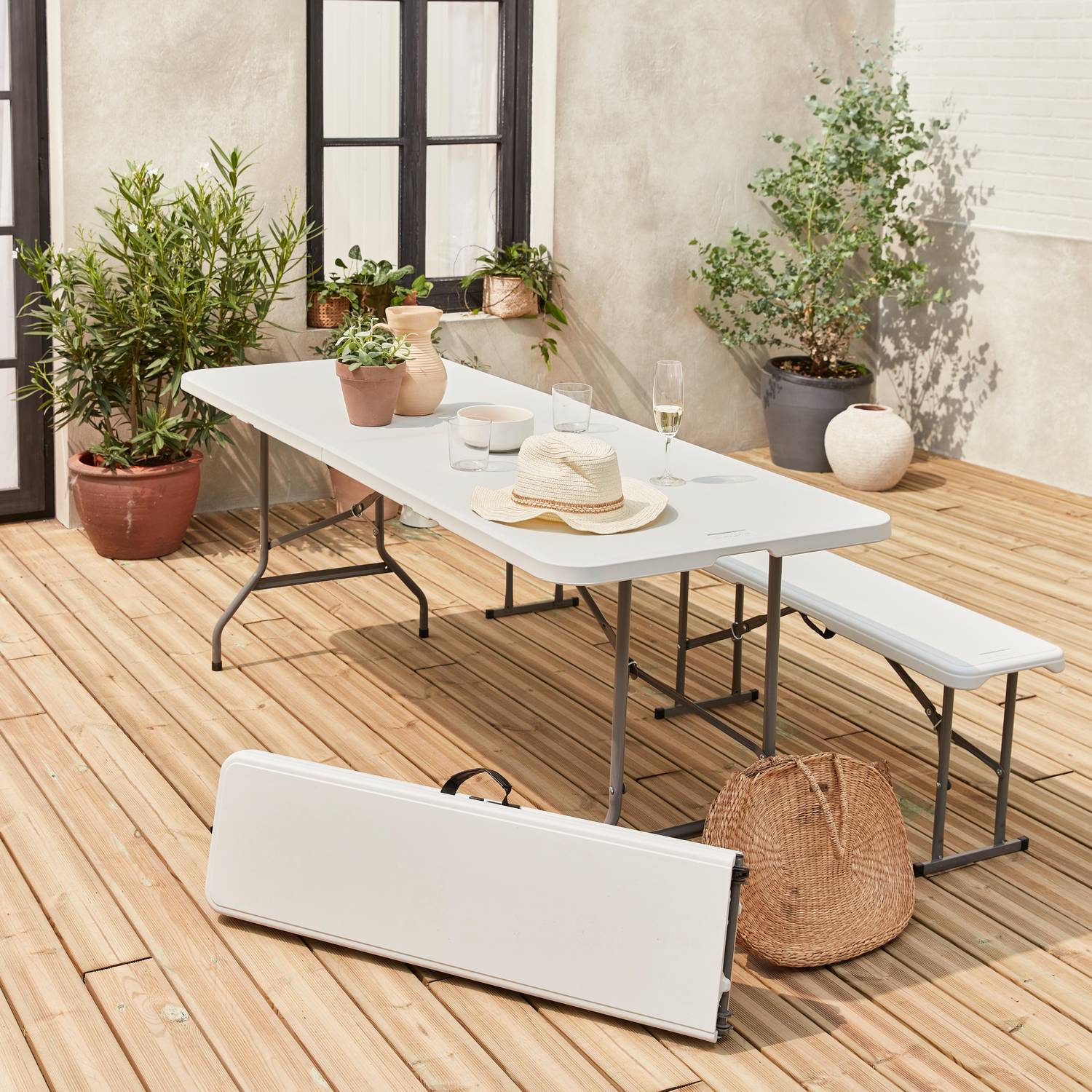Set de table et bancs de réception, 180cm, pliables, avec poignée de transport, plastique blanc, table de camping  Photo1
