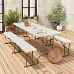 Set de table et bancs de réception, 180cm, pliables, avec poignée de transport, plastique blanc, table de camping  Photo2