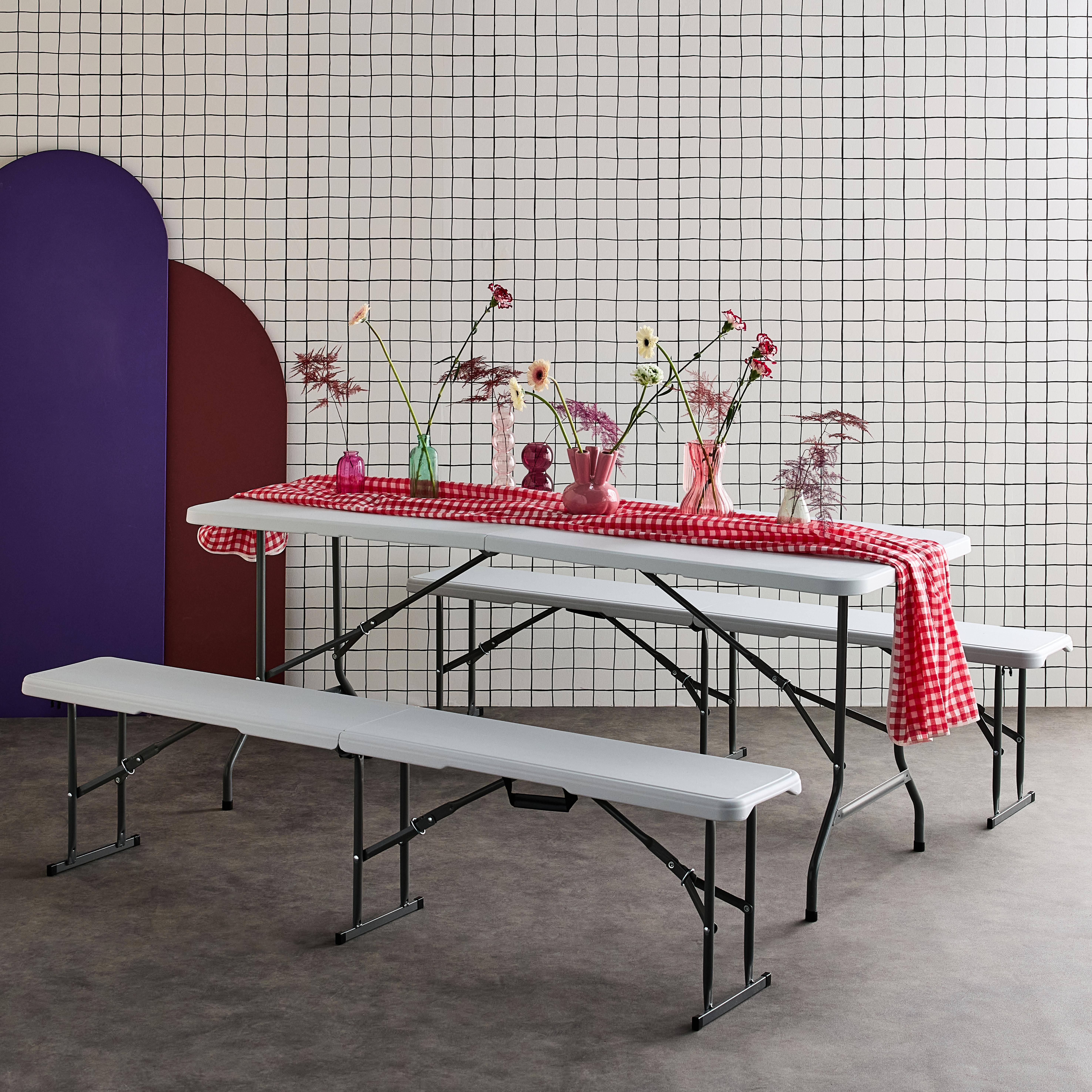 Mesa de receção dobrável em plástico e banco, Conjunto de receção Fiesta, Branco, 180x69.5x73.5 cm Photo1
