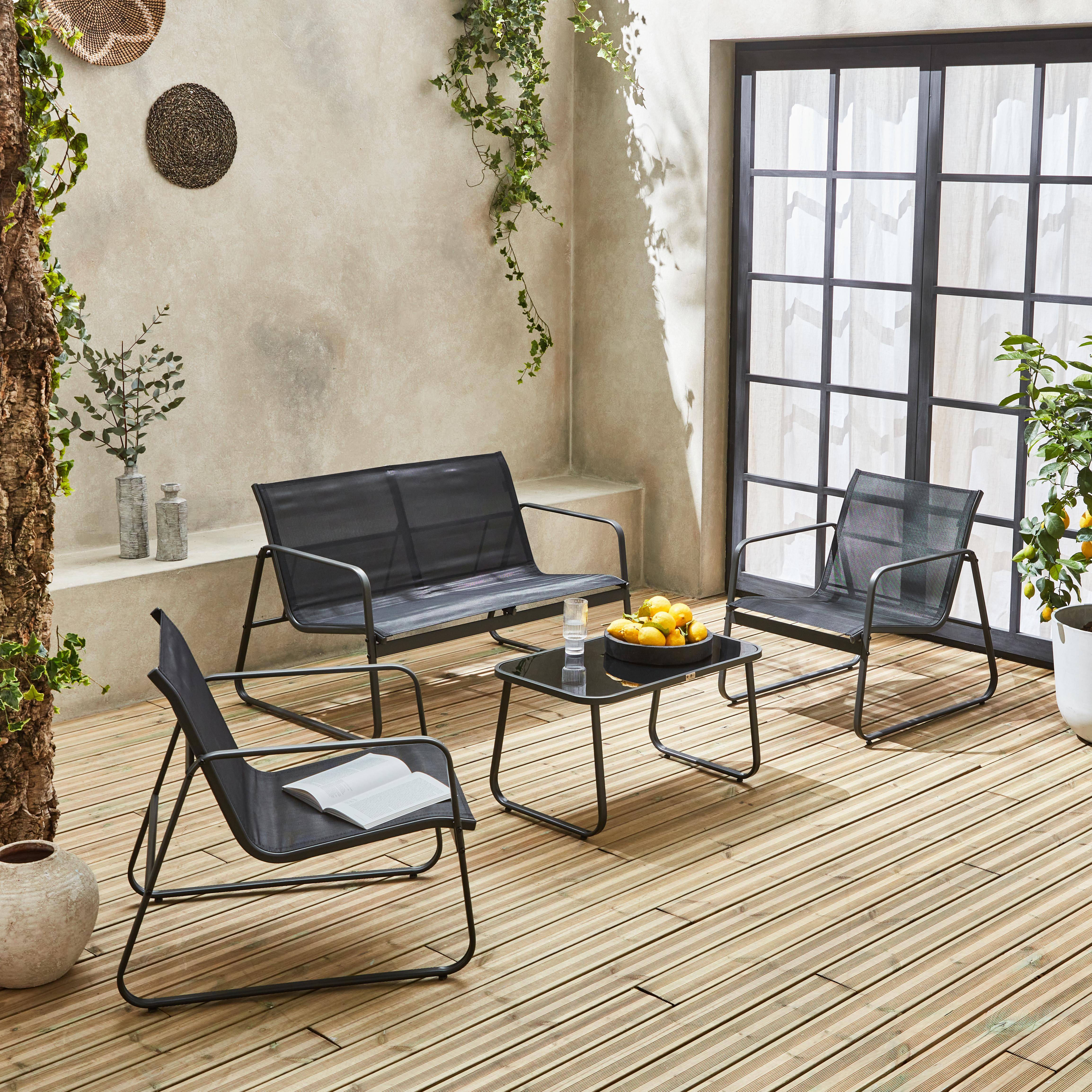 4-seater metal garden sofa set - 1 sofa, 2 armchairs, 1 coffee table - Silvi - Black metal, Black textilene,sweeek,Photo2