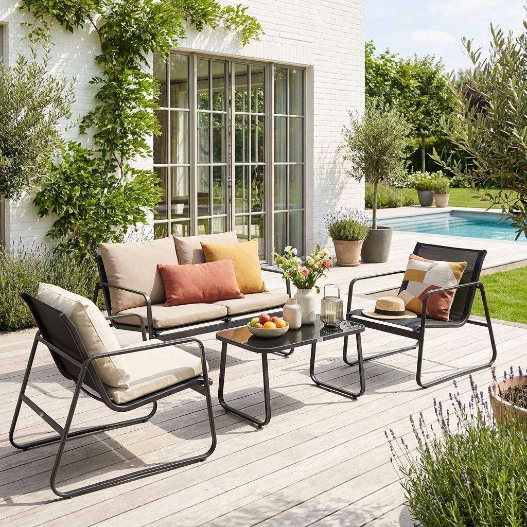 Balkon loungeset metaal en textilene voor 4 personen, zwart en donkergrijs, design   Photo1