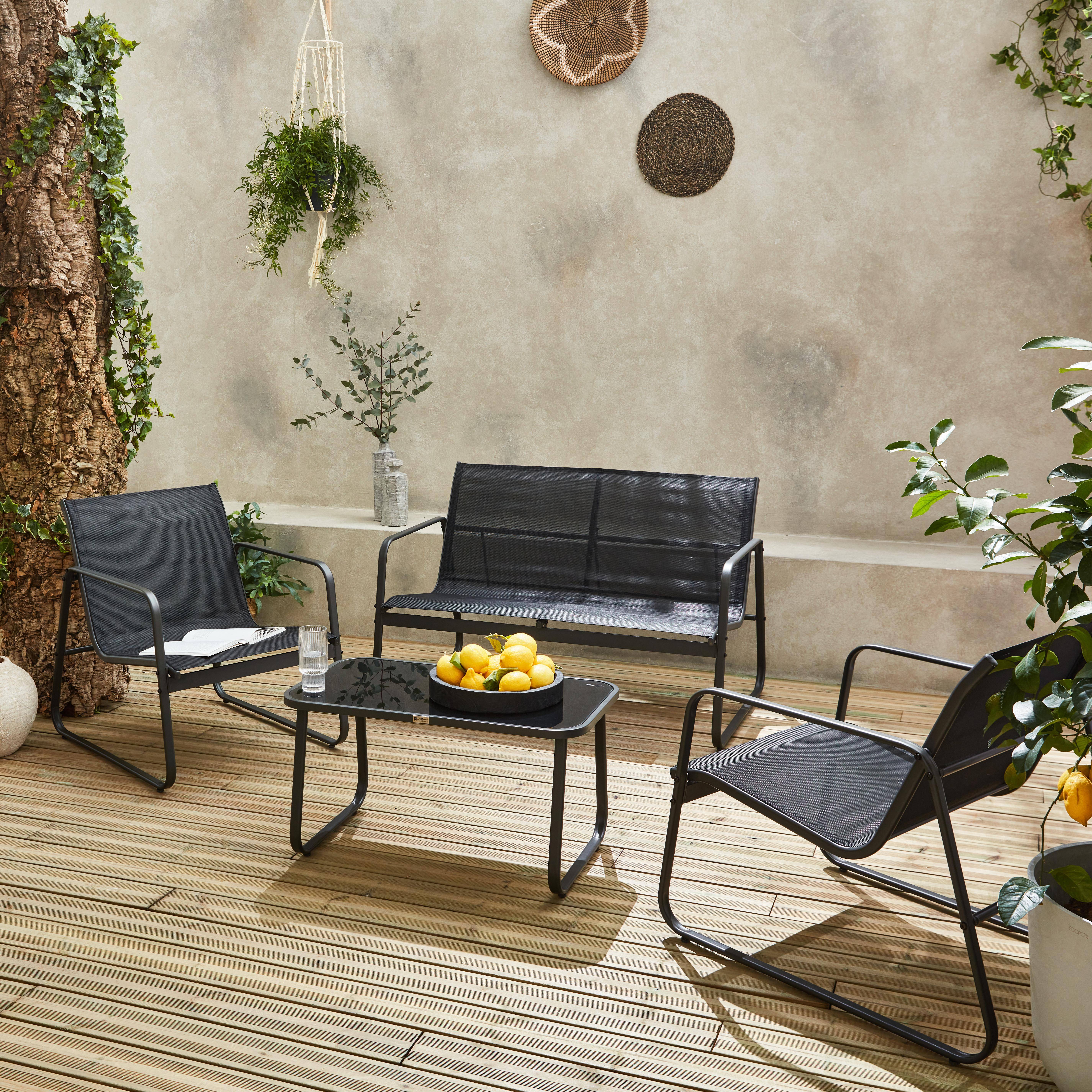4-seater metal garden sofa set - 1 sofa, 2 armchairs, 1 coffee table - Silvi - Black metal, Black textilene,sweeek,Photo1