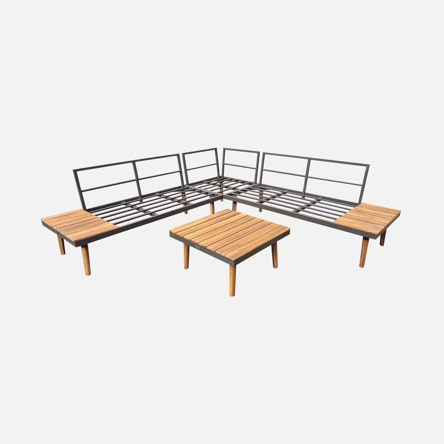 Conjunto de muebles de jardín de madera de 4 plazas - Cachi - Cojines grises, sofá de esquina, mesas auxiliares y mesa de centro de acacia, estructura de aluminio, marco escandinavo, diseño Photo4