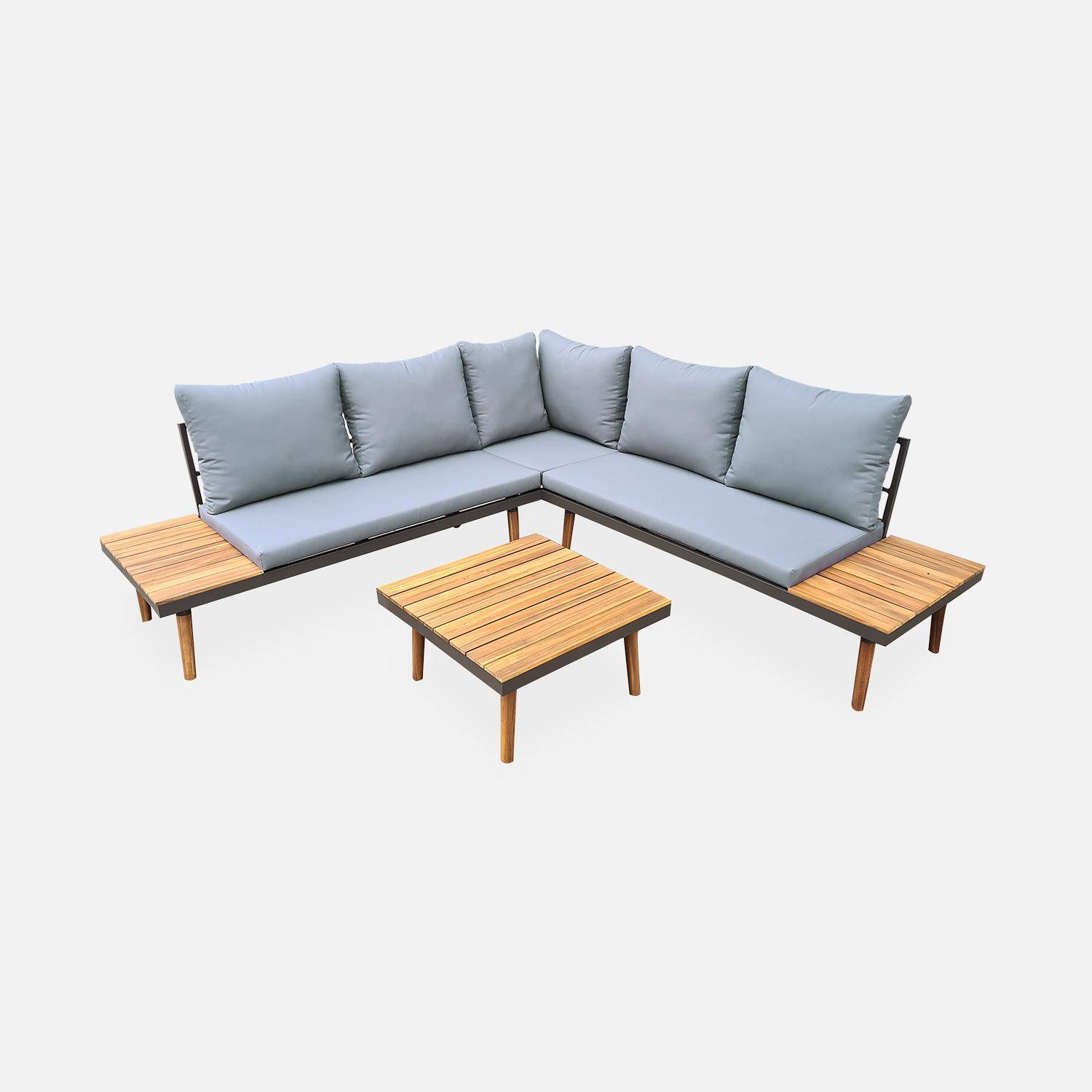 Conjunto de muebles de jardín de madera de 4 plazas - Cachi - Cojines grises, sofá de esquina, mesas auxiliares y mesa de centro de acacia, estructura de aluminio, marco escandinavo, diseño Photo1