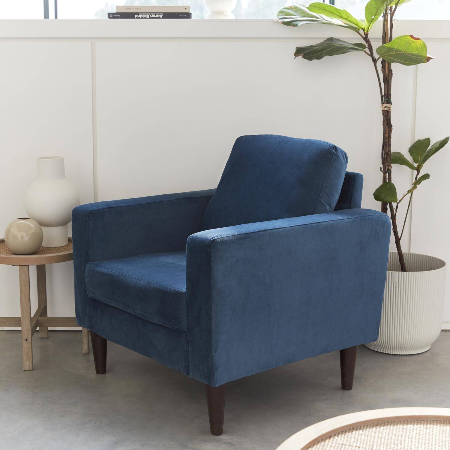 Blauwe velours armstoel - Bjorn - 1-zits sofa, rechte houten poten,sweeek,Photo2