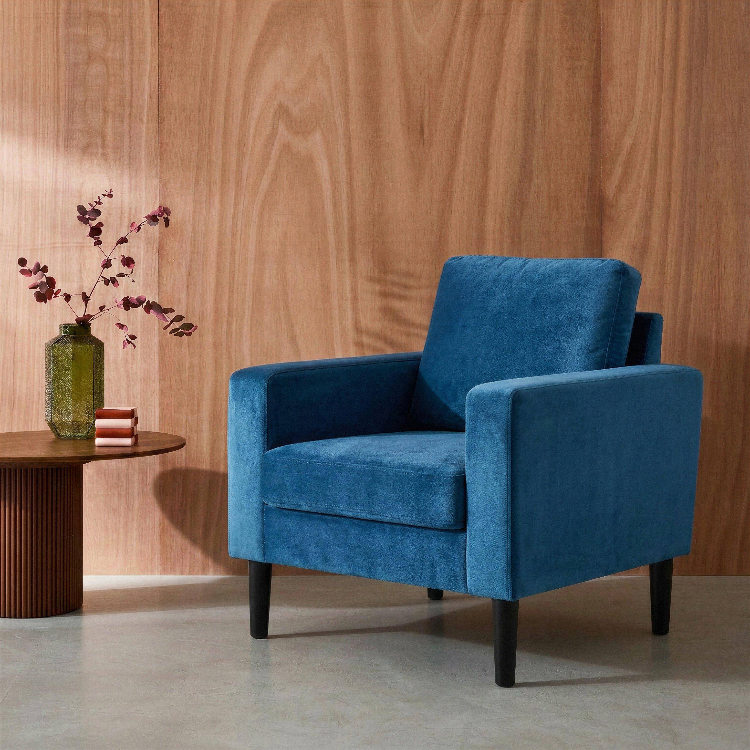 Sillón vintage de terciopelo con patas de madera Azul - 78x77x70 cm Photo1