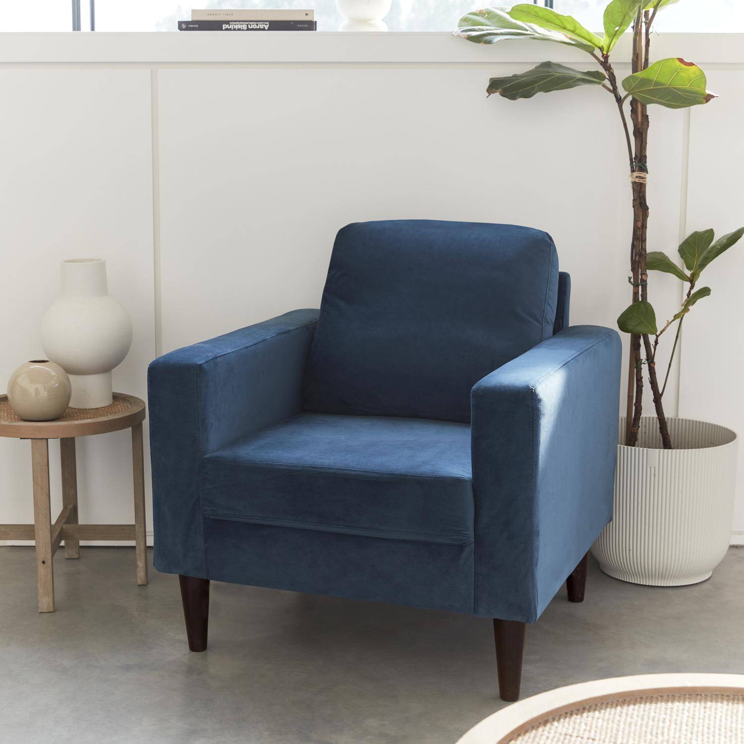 Blauwe velours armstoel - Bjorn - 1-zits sofa, rechte houten poten,sweeek,Photo1