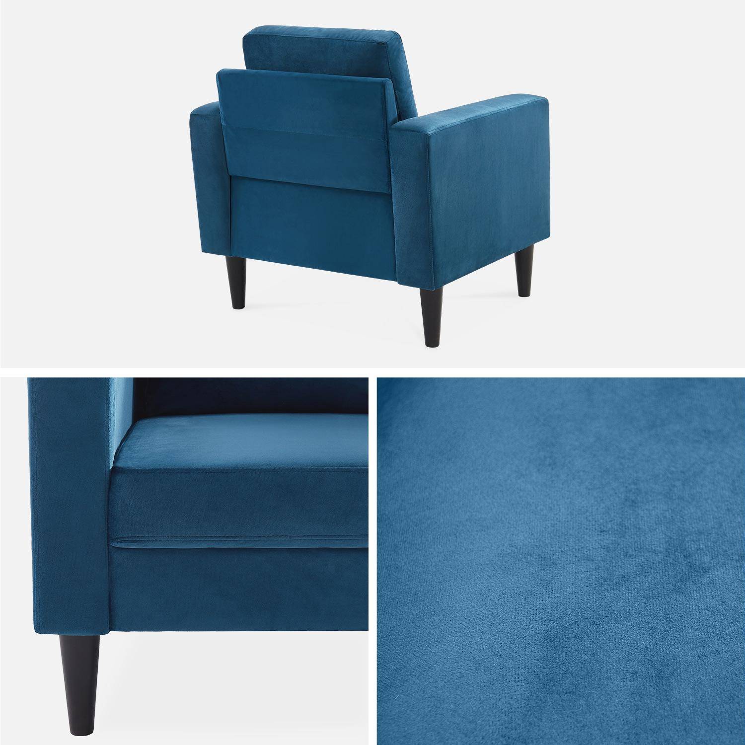 Fauteuil scandinave en velours bleu - Bjorn - Canapé 1 place fixe droit pieds bois Photo5