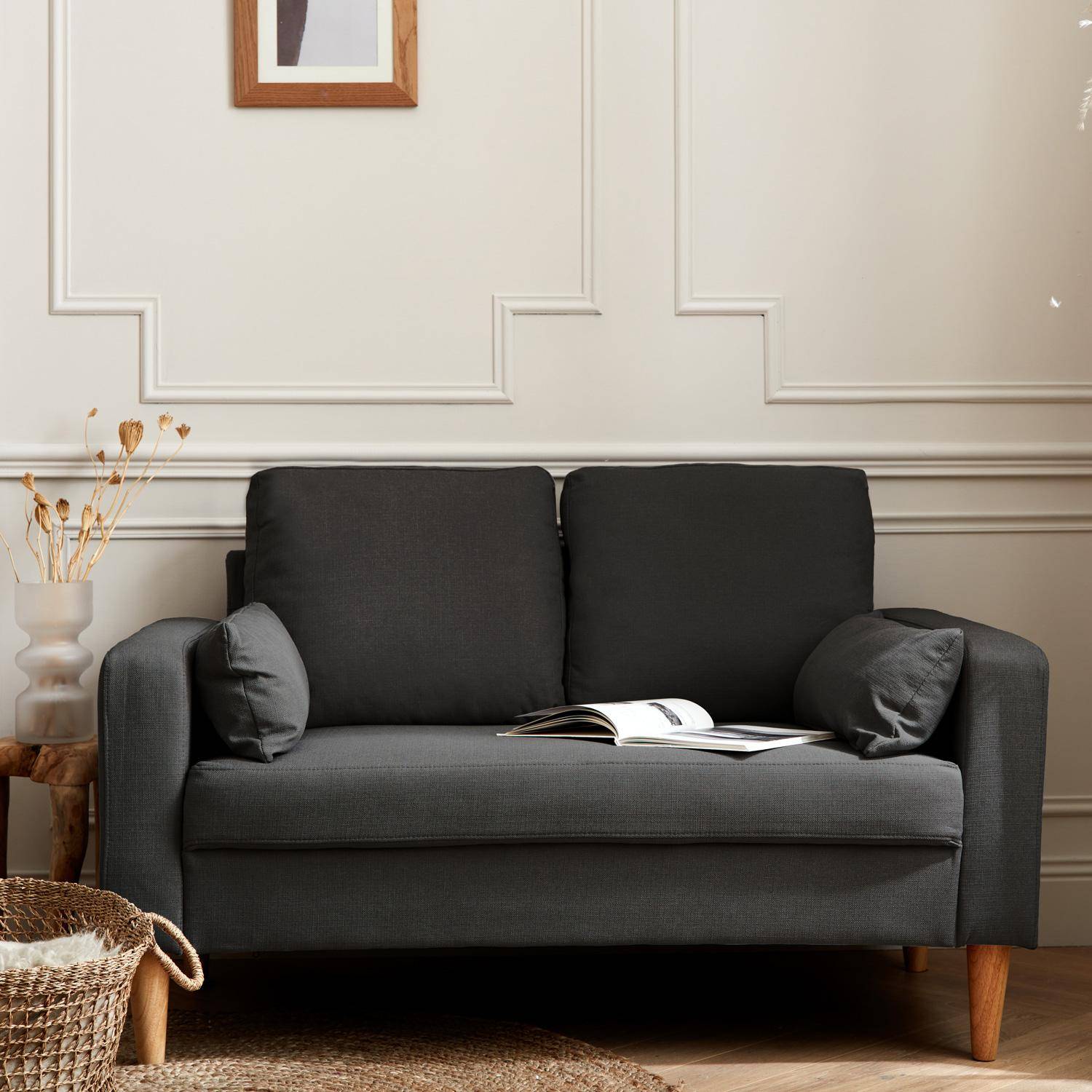 Sofá em tecido cinzento escuro mosqueado - Bjorn - sofá fixo de 2 lugares, direito, pernas de madeira, estilo escandinavo Photo1