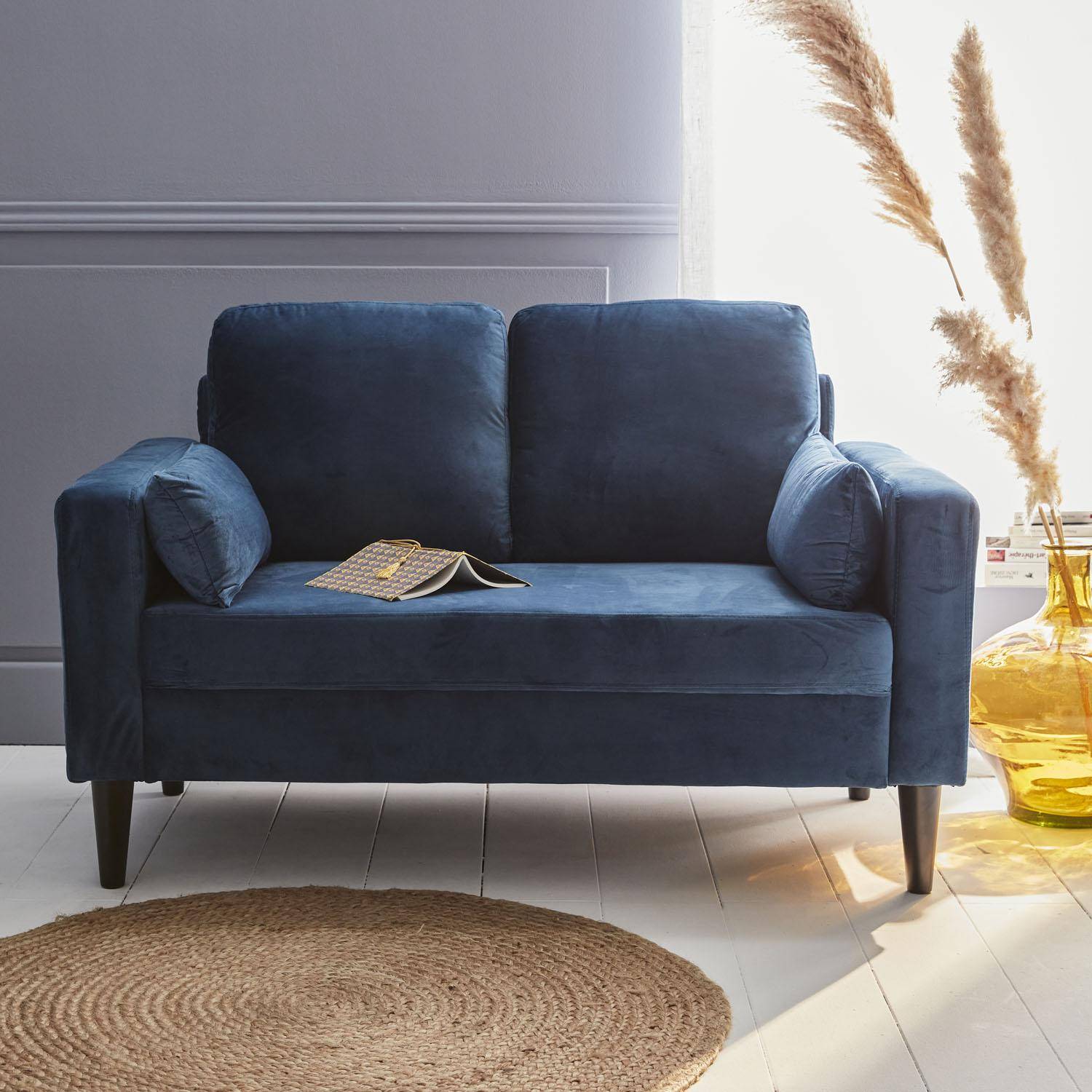 Tweezits sofa van blauw velours- Bjorn - 2-zits bank met houten poten, scandinavische stijl  ,sweeek,Photo1