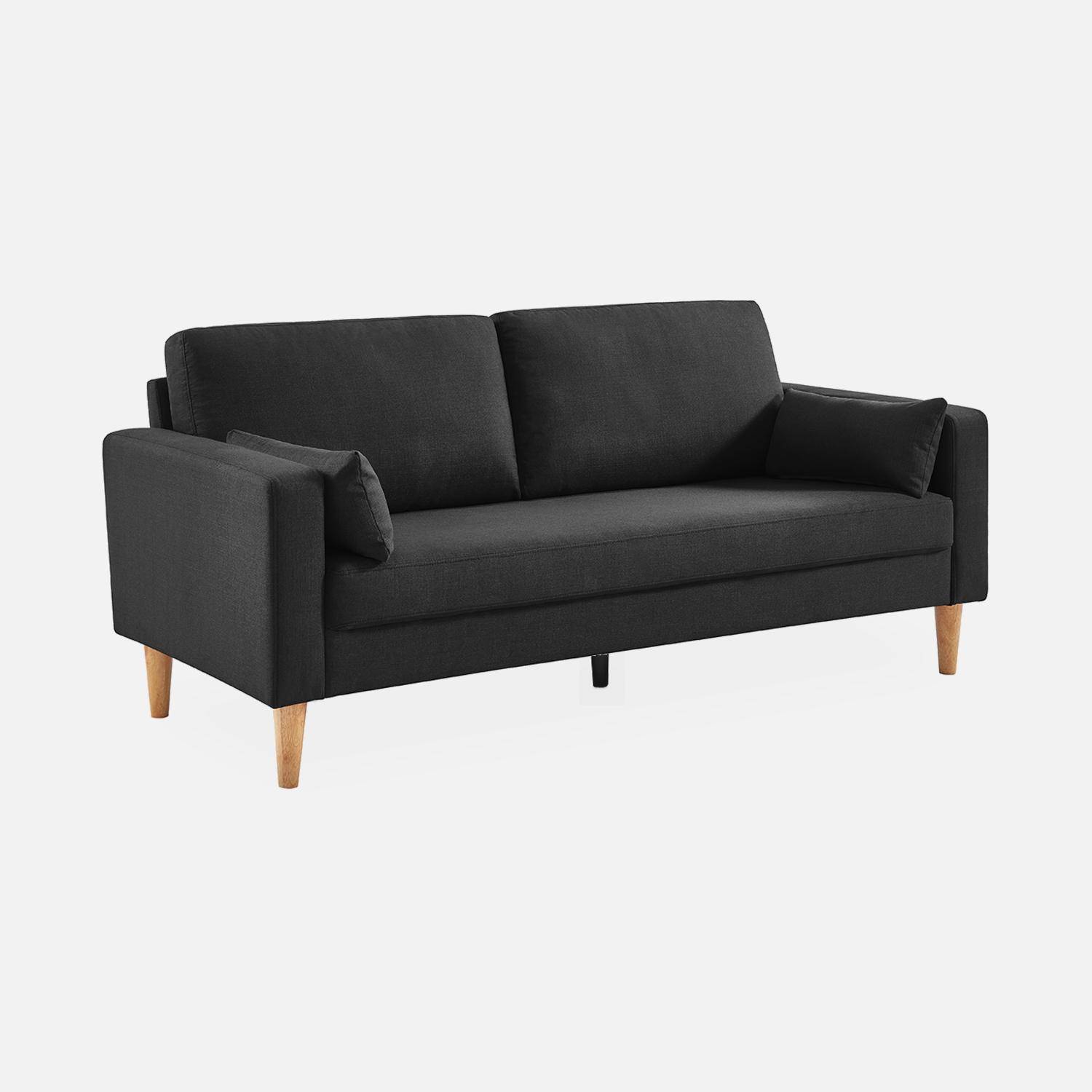 Canapé en tissu gris chiné foncé - Bjorn - Canapé 3 places fixe droit pieds bois, style scandinave   Photo2