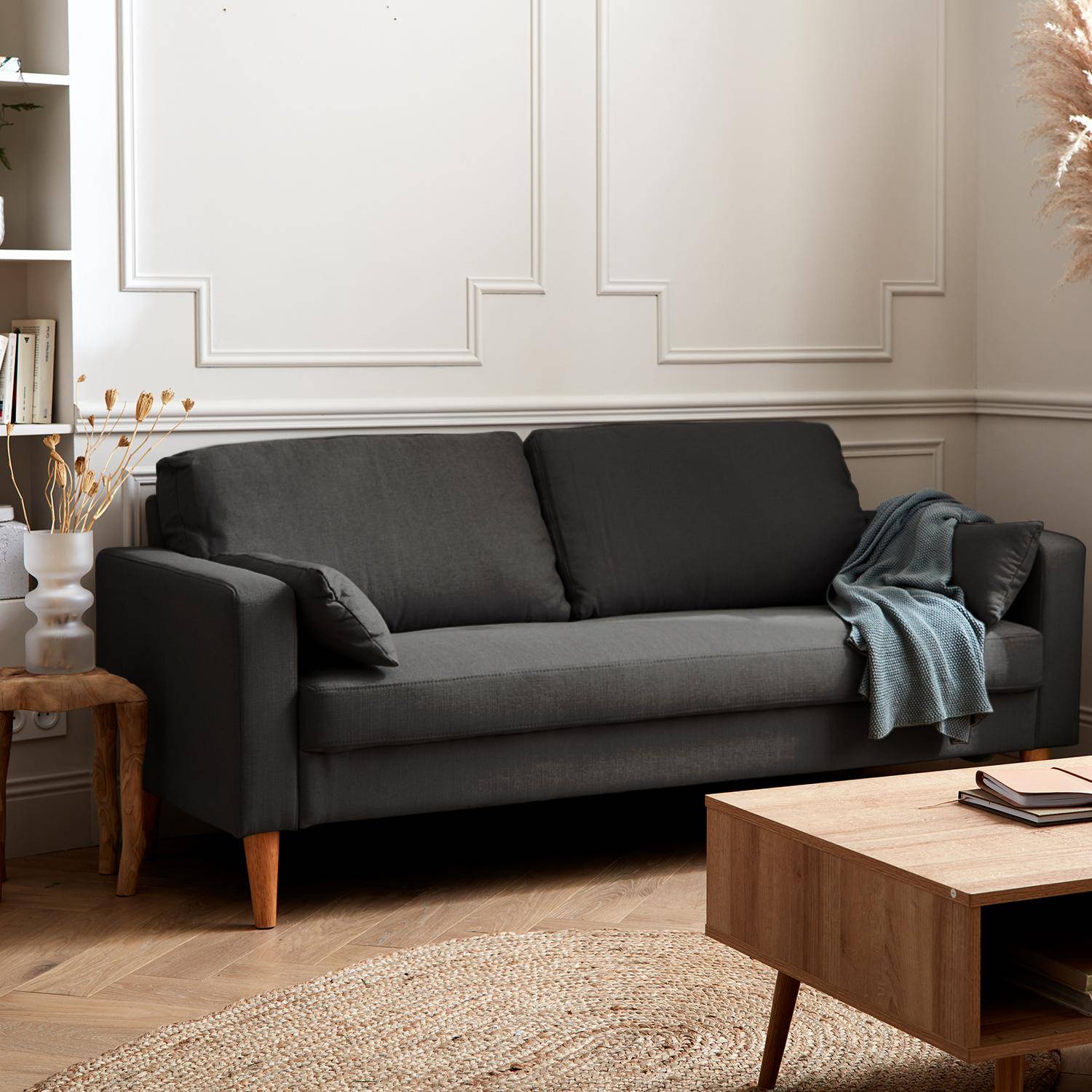 Donkergrijze stoffen driezits sofa - Bjorn - 3-zits bank met houten poten, scandinavische stijl  ,sweeek,Photo1