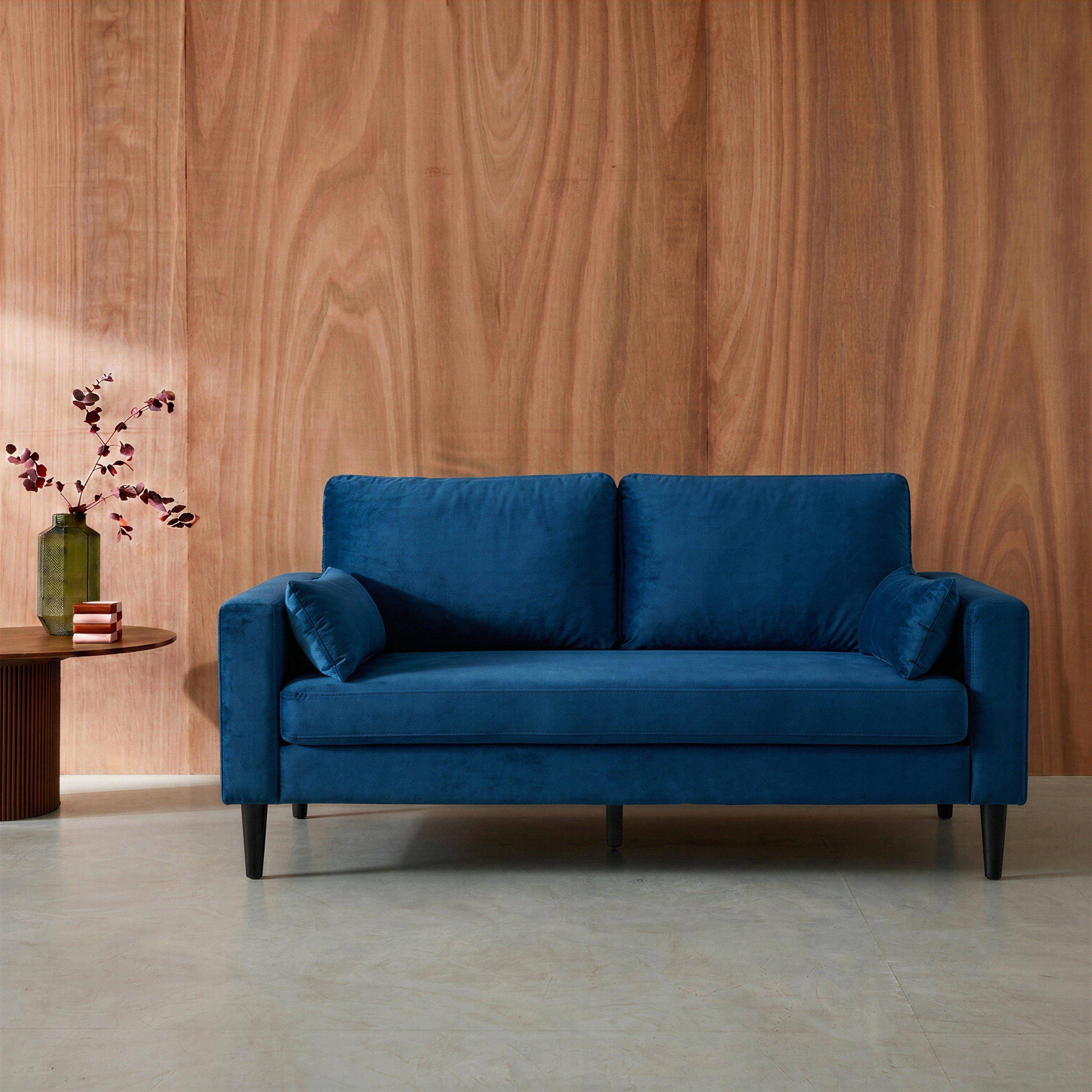 Canapé en velours bleu - Bjorn - Canapé 3 places fixe droit pieds bois, style scandinave   Photo1