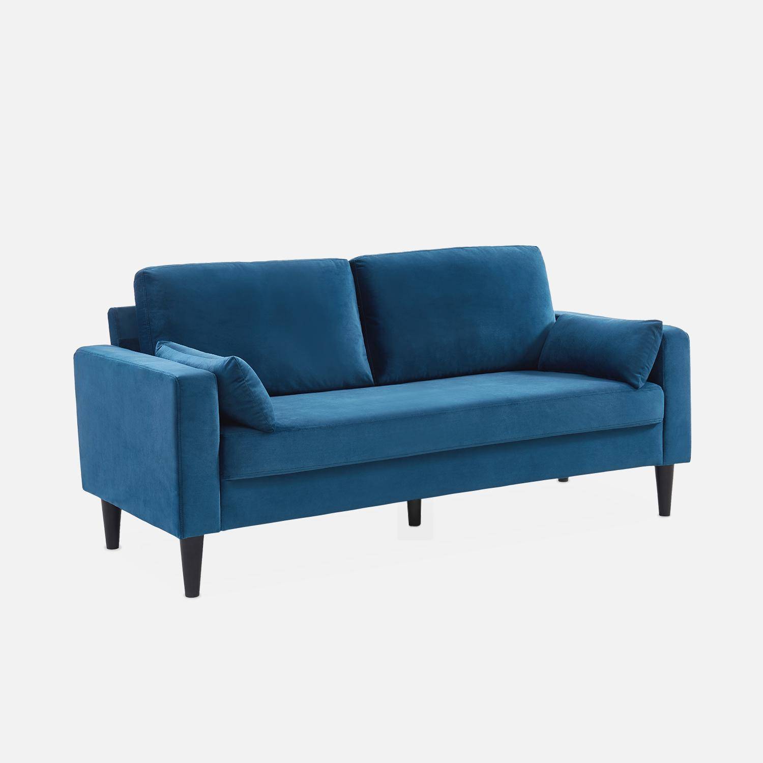 Driezits sofa van blauw velours - Bjorn - 3-zits bank met houten poten, scandinavische stijl   Photo3