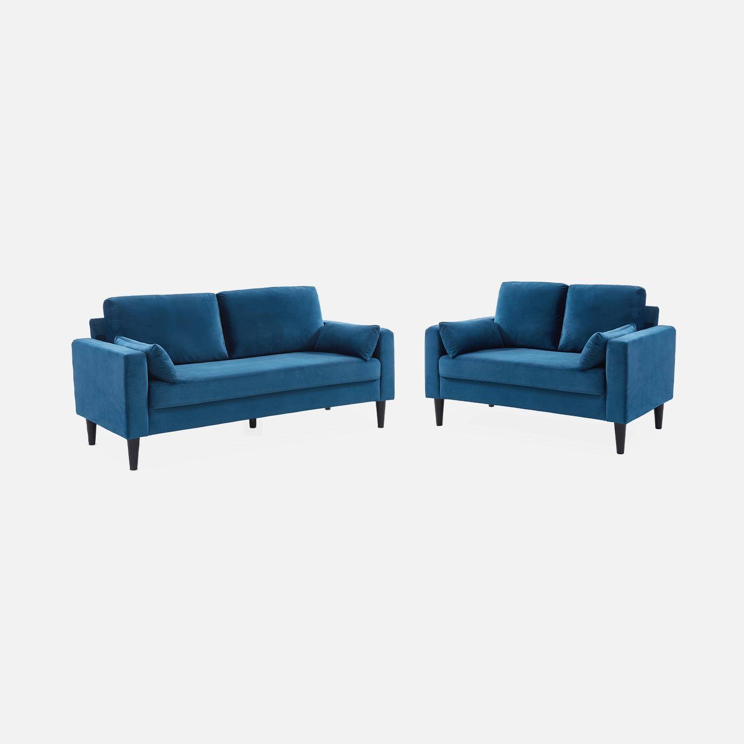 Driezits sofa van blauw velours - Bjorn - 3-zits bank met houten poten, scandinavische stijl   Photo6