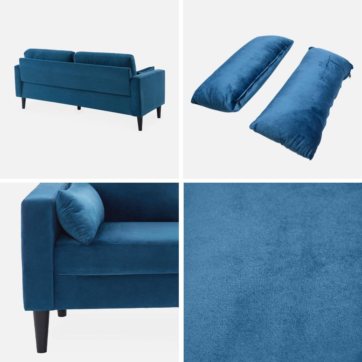 Canapé en velours bleu - Bjorn - Canapé 3 places fixe droit pieds bois, style scandinave  ,sweeek,Photo4