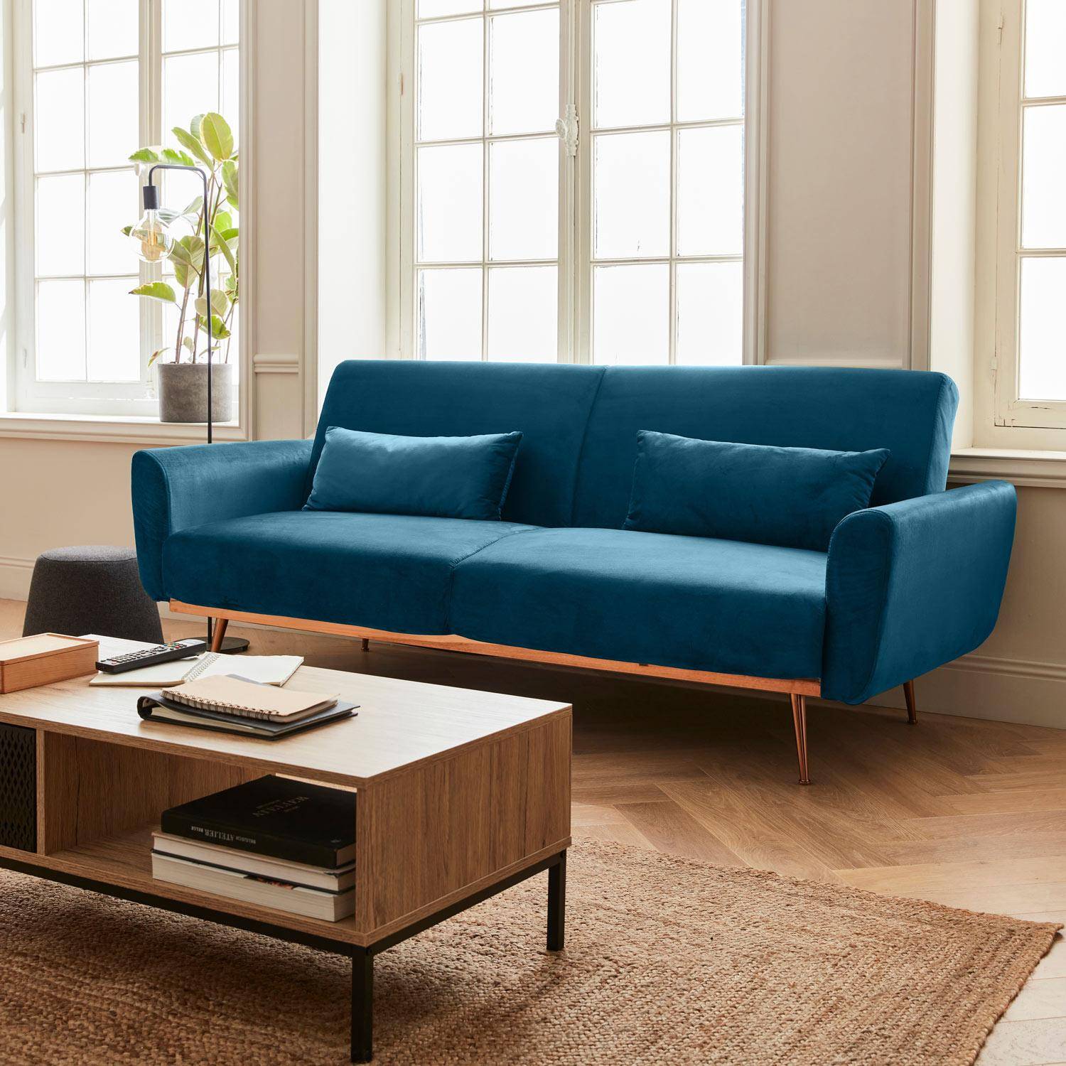 Sofá cama de terciopelo de 2 a 3 plazas, Oskar, Azul, 85x206.5x84 cm,sweeek,Photo1