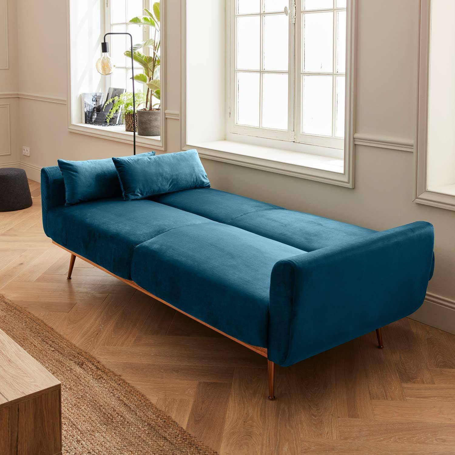 Sofá cama de terciopelo de 2 a 3 plazas, Oskar, Azul, 85x206.5x84 cm,sweeek,Photo1