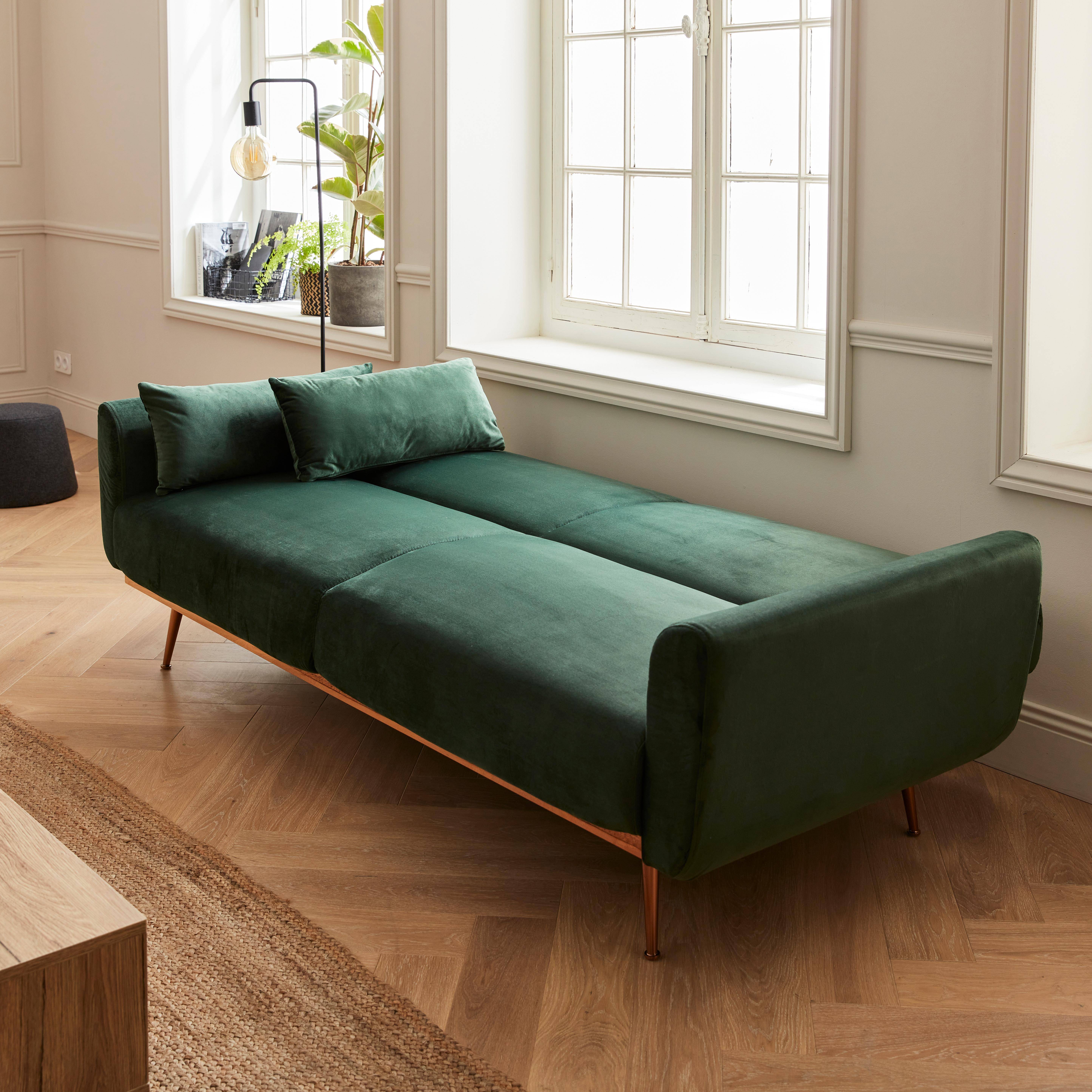 2-3-Sitzer Schlafsofa mit englischgrünem Samtbezug - Oskar - Skandinavischischer Stil, feine goldrosafarbene Beine Photo2