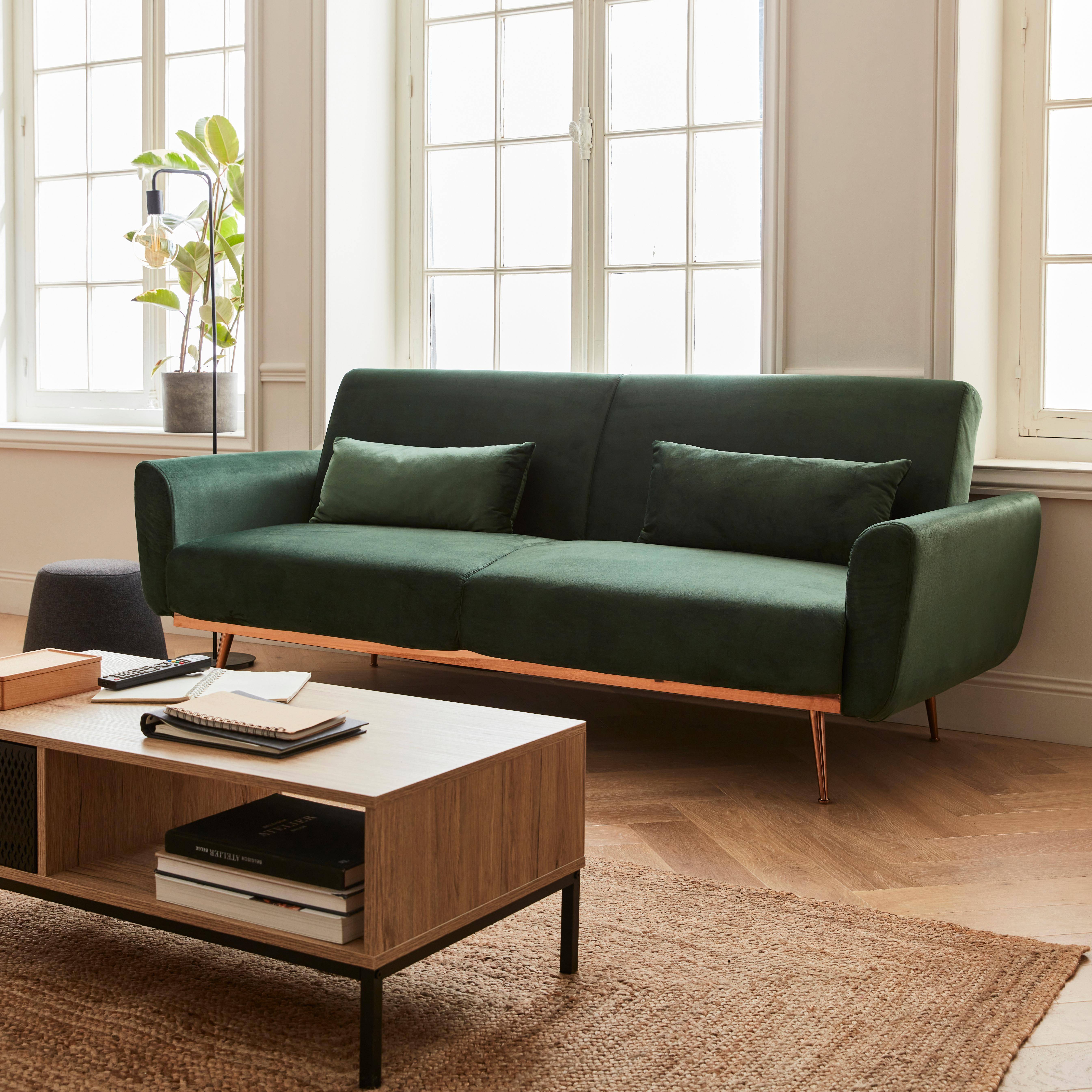 2-3-Sitzer Schlafsofa mit englischgrünem Samtbezug - Oskar - Skandinavischischer Stil, feine goldrosafarbene Beine Photo1