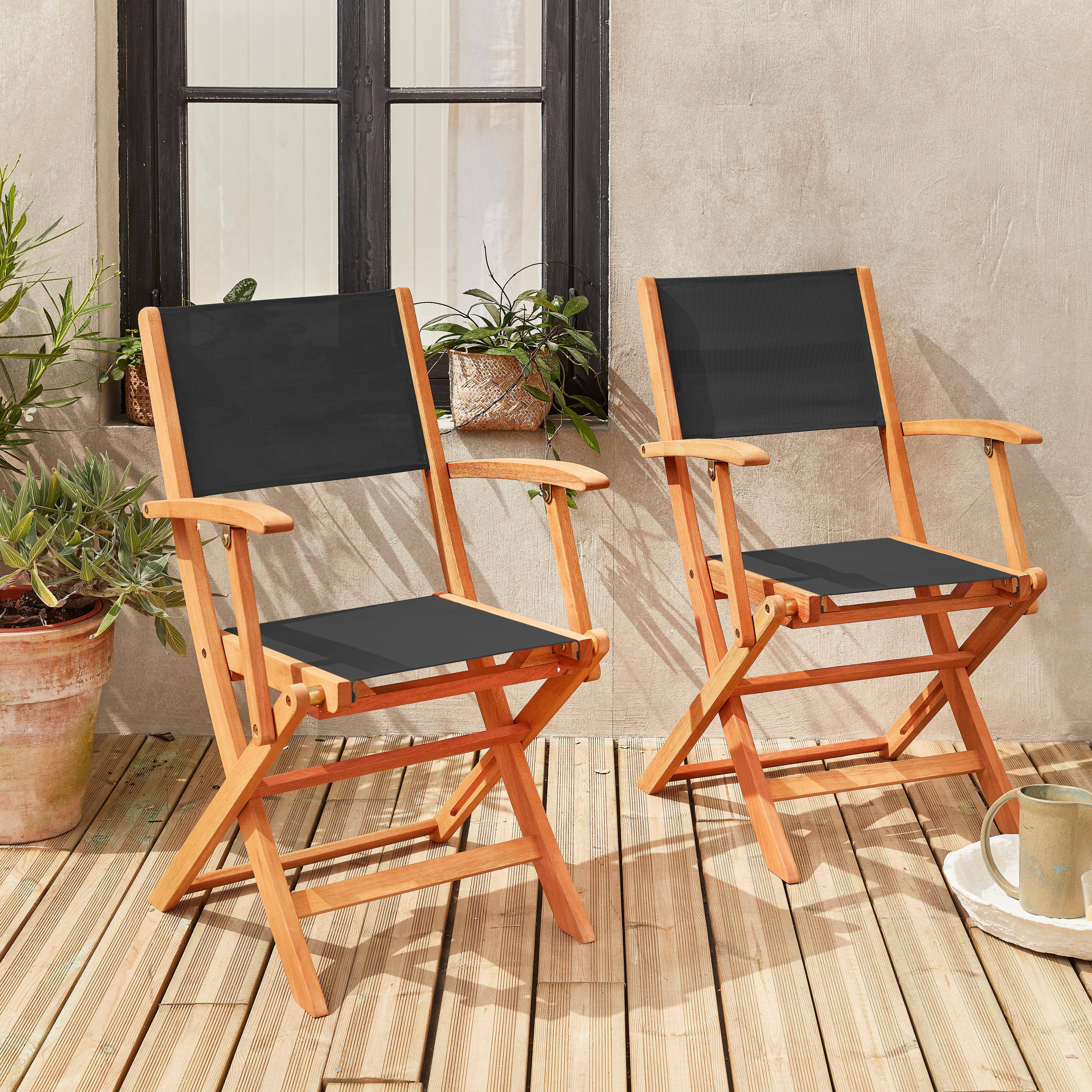 Wood and textilene garden armchairs - 2 oiled FSC Eucalyptus and textilene folding armchairs - Almeria - Black ,sweeek,Photo1