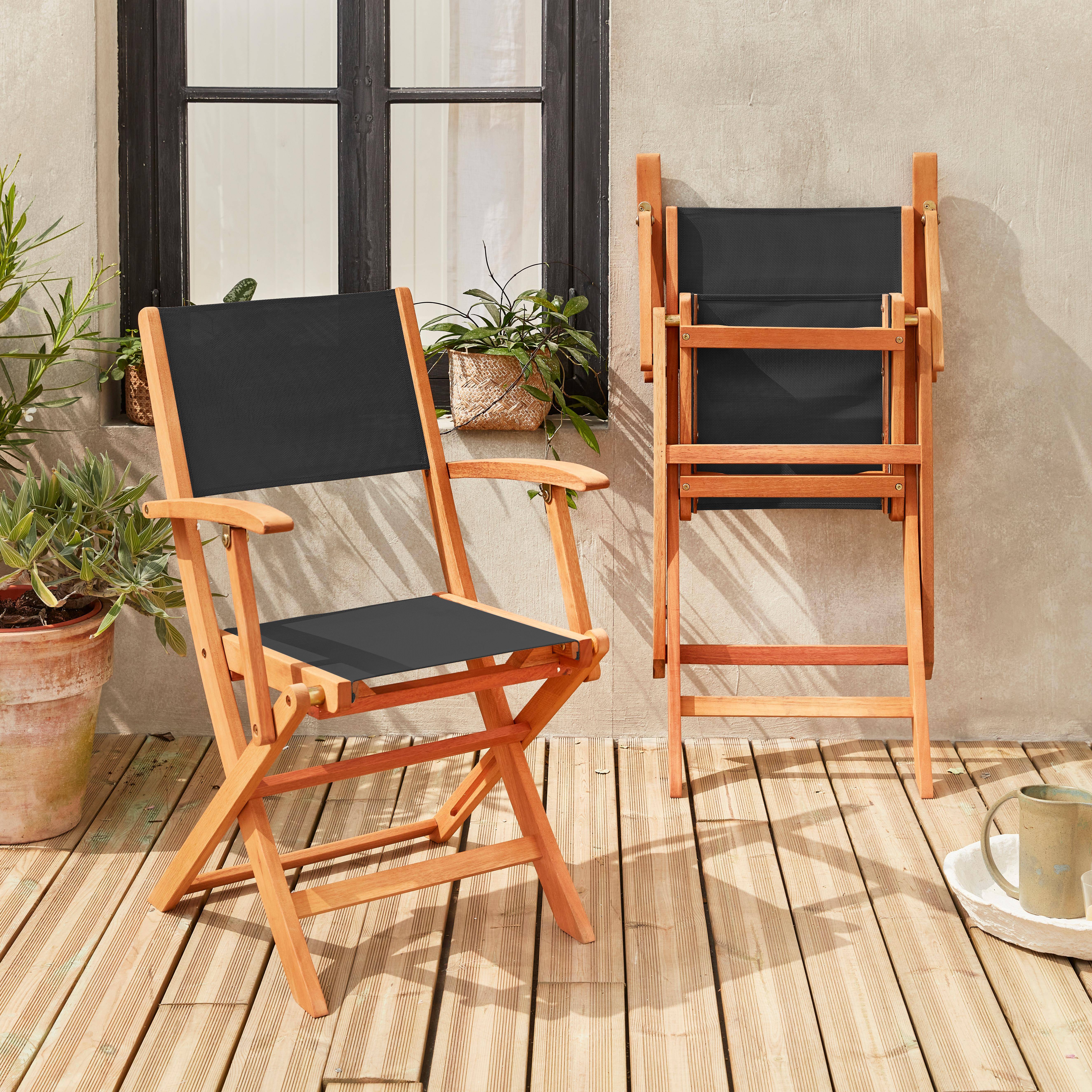 Wood and textilene garden armchairs - 2 oiled FSC Eucalyptus and textilene folding armchairs - Almeria - Black  Photo2
