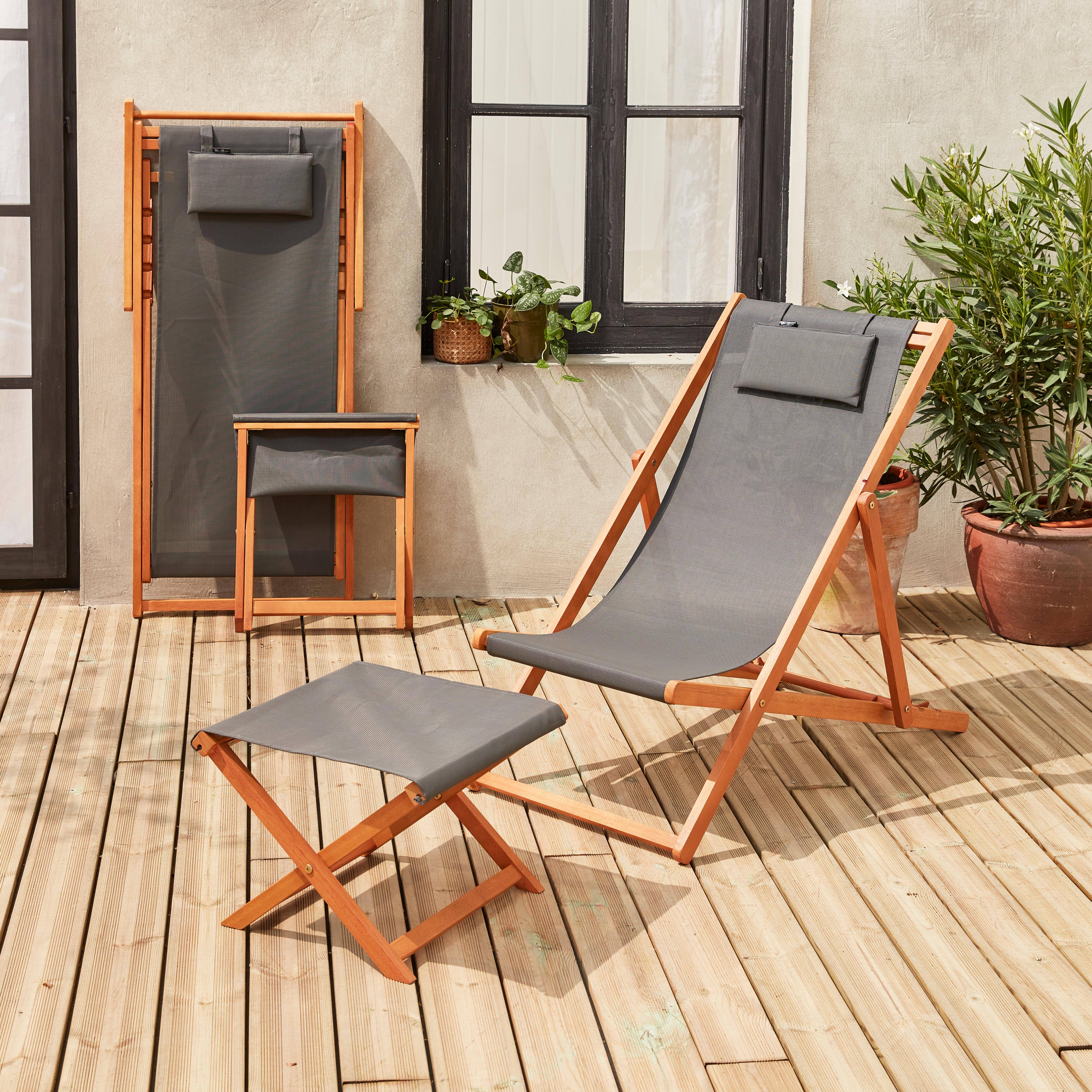 Houten strandstoelen - Creus - 2 houten strandstoelen van geolied FSC Eucalyptushout met grijs hoofdkussentje en voetenbank,sweeek,Photo2