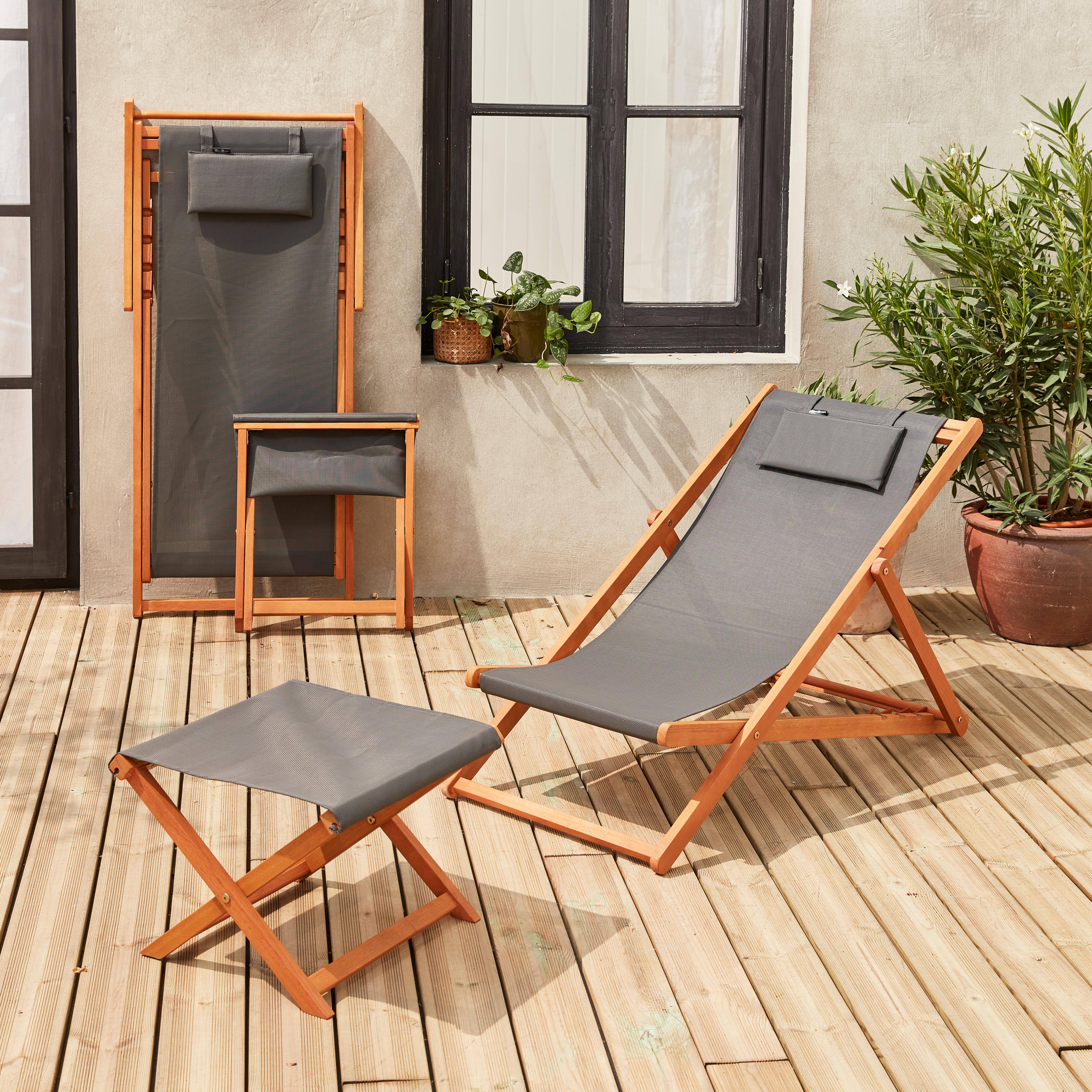 Pair of wooden deckchairs and footrests Anthracite