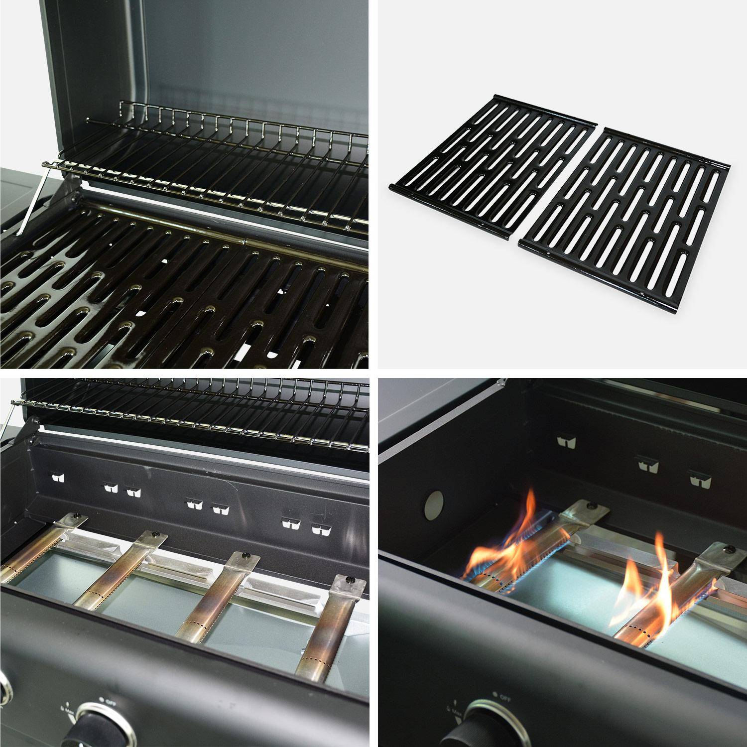 Barbecue BONACIEUX noir et inox au gaz 4 brûleurs avec rangement 2 tablettes rabattables 2 roues PVC Photo6
