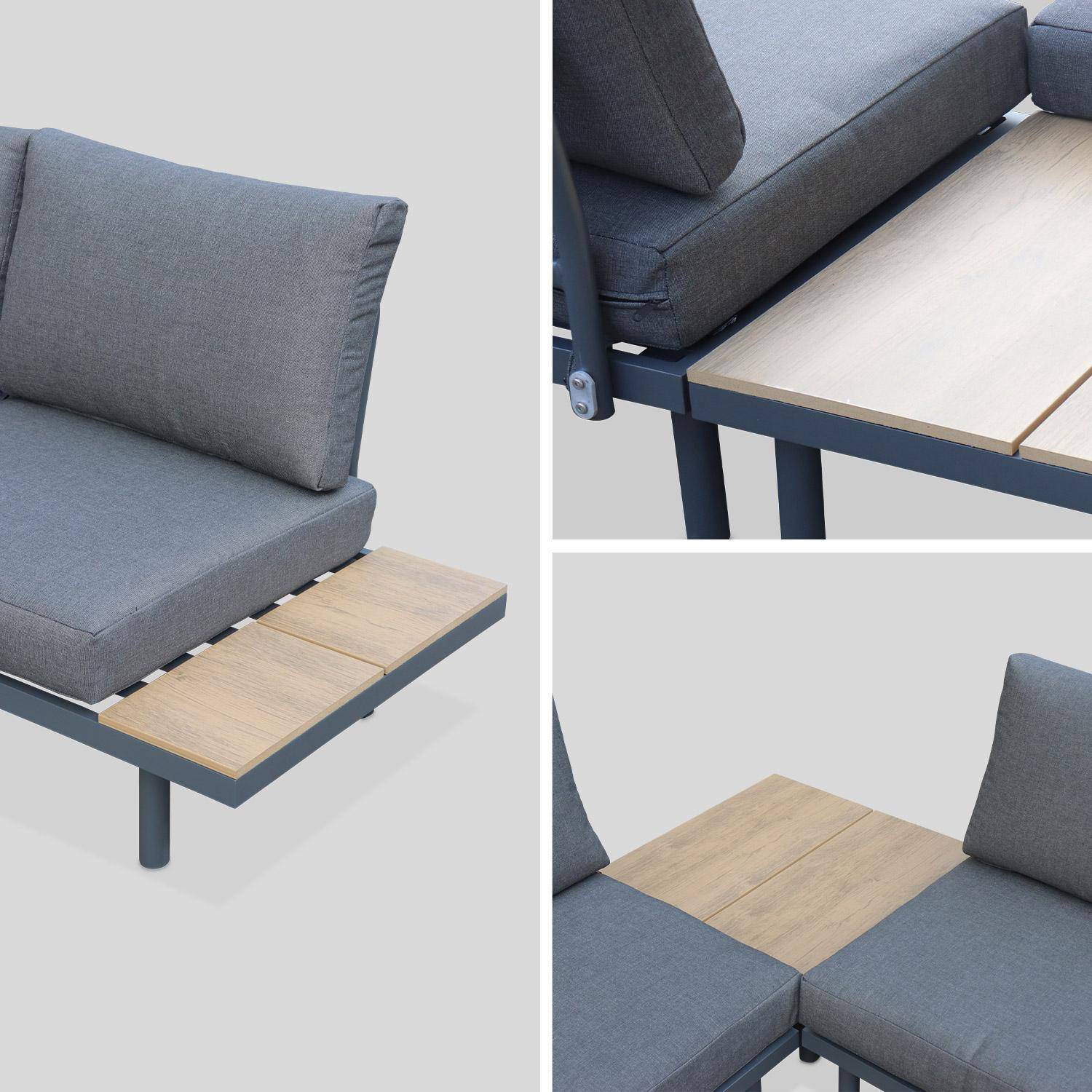 Hoek loungeset, 5 zitplaatsen, aluminium en polywood, met zijtafels en salontafel, grijze kussens Photo5