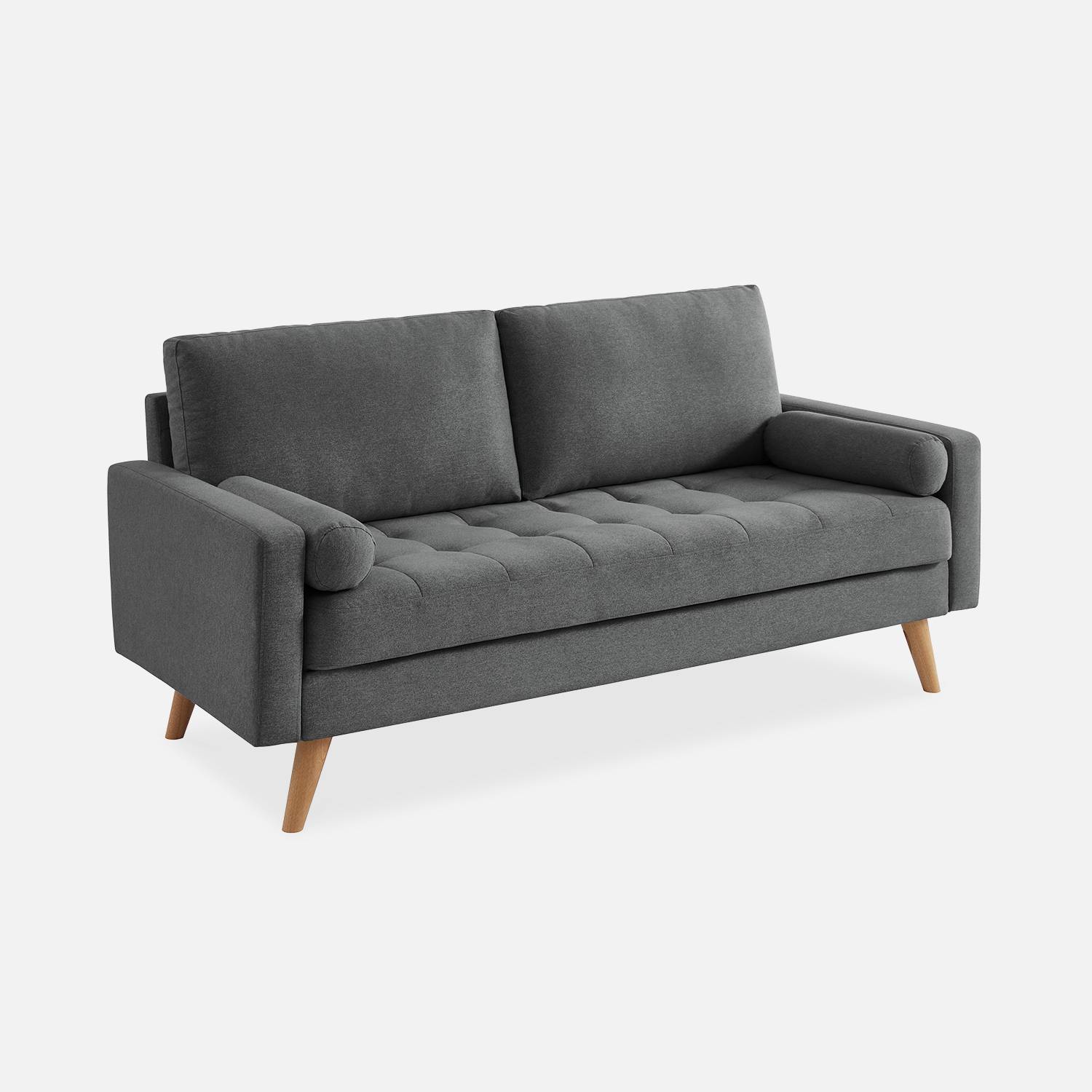 Sofá de 3 plazas en tejido gris oscuro, sofá escandinavo recto, patas de madera | sweeek