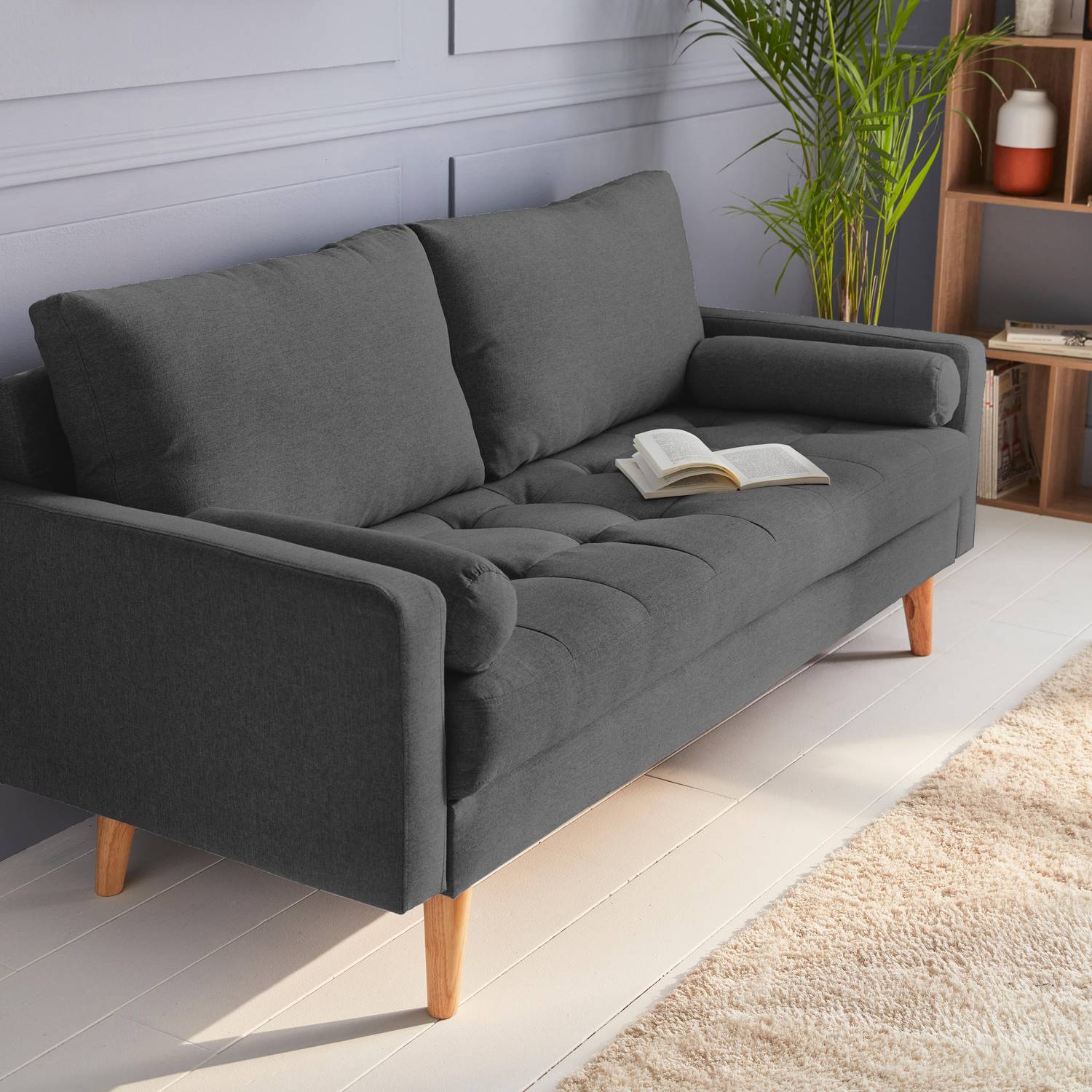 Canapé en tissu gris foncé, 3 places scandinave fixe, droit, pieds bois  Photo2