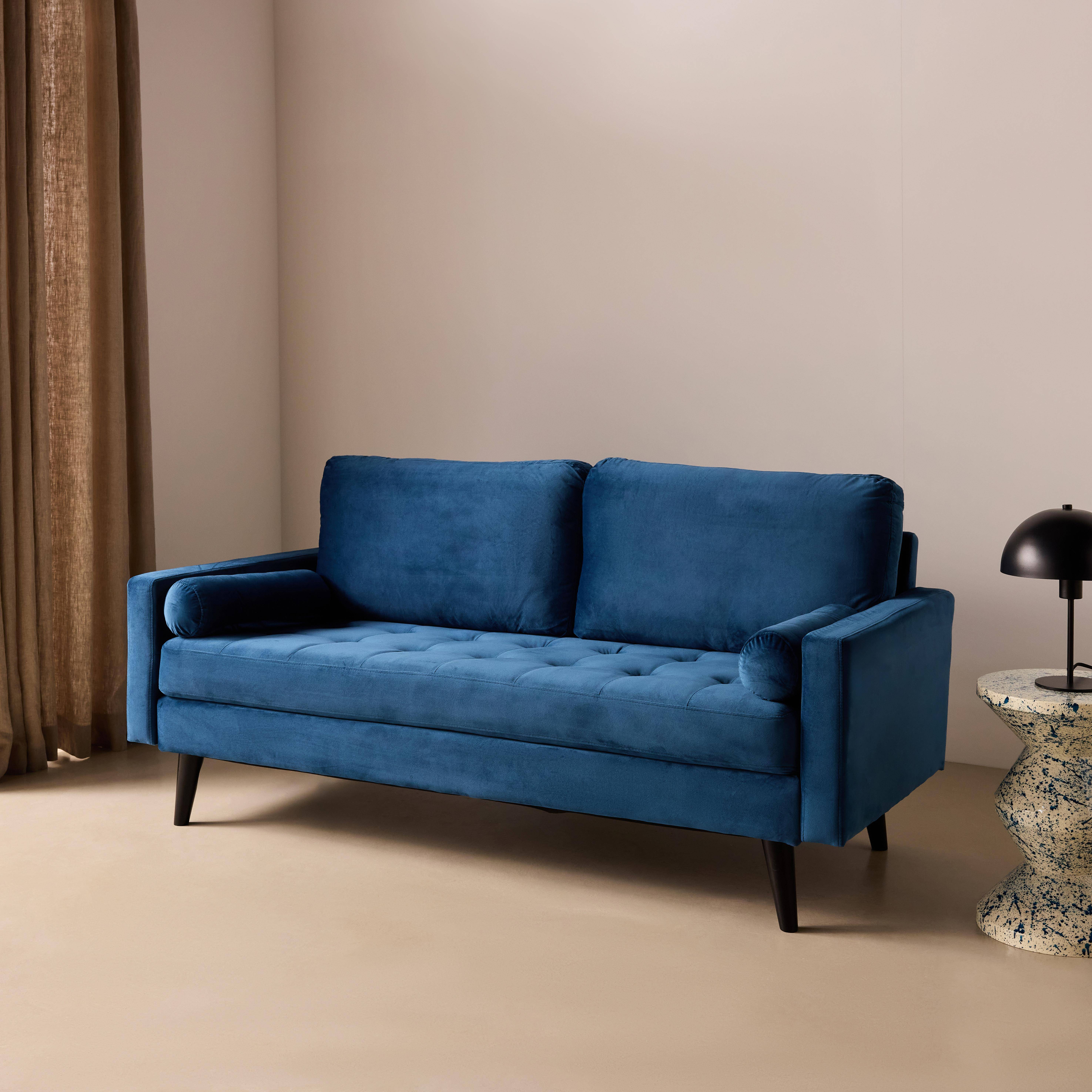 Sofá estilo escandinavo de terciopelo con patas de madera, 3 plazas Azul marino - 177x85.5x69.5 cm Photo2