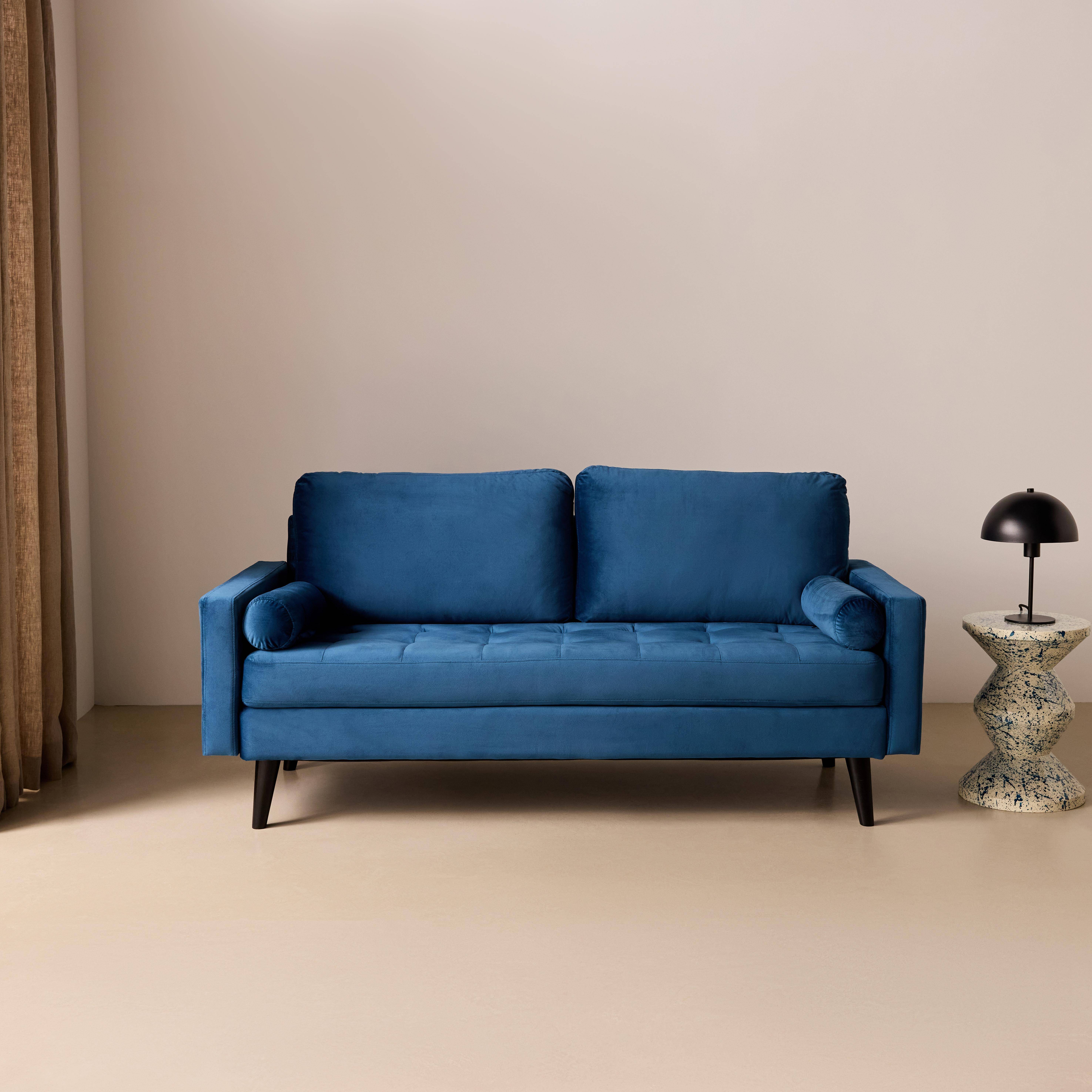 Sofá estilo escandinavo de terciopelo con patas de madera, 3 plazas Azul marino - 177x85.5x69.5 cm,sweeek,Photo1