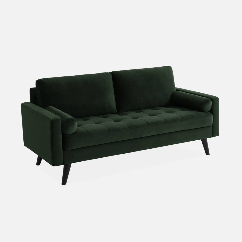 Sofá estilo escandinavo de terciopelo con patas de madera, 3 plazas, Verde ingles