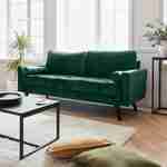 Canapé en velours vert anglais, 3 places scandinave fixe, droit, pieds bois noir  Photo1