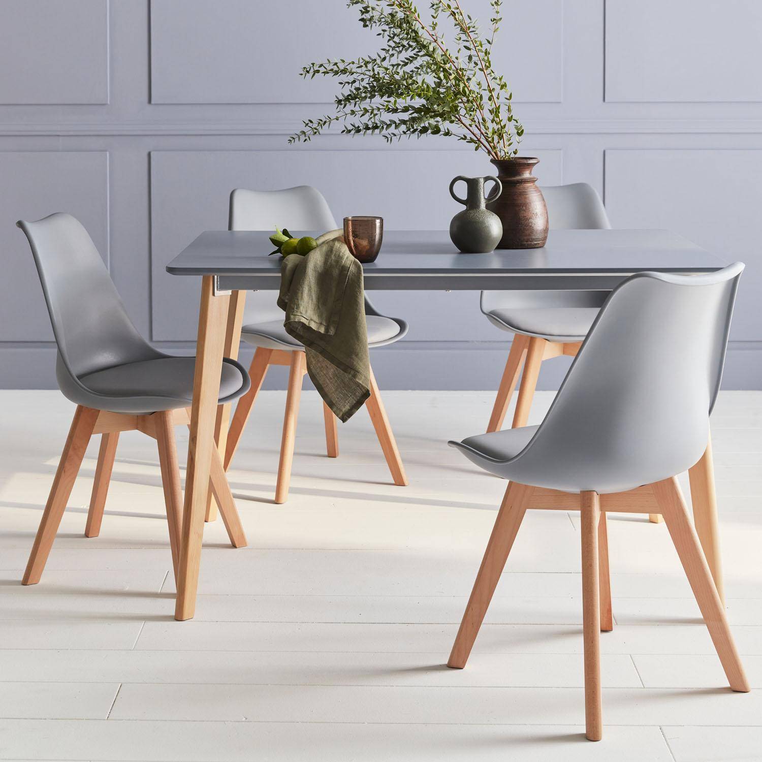 Table à manger rectangulaire bois 120cm gris - Hedvig - 4 chaises, 4 places, scandinave, pieds bois  Photo1