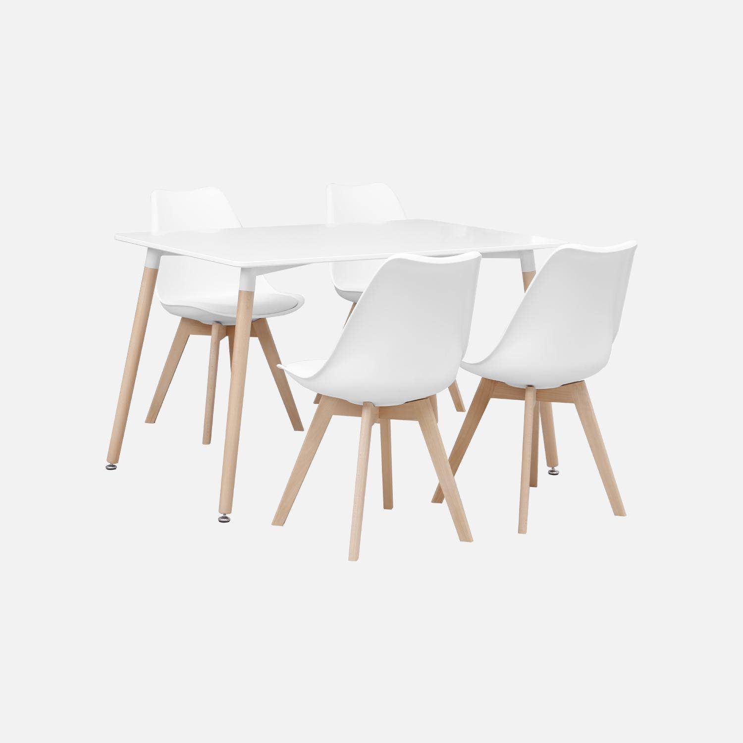 Mesa de comedor escandinava con patas de madera y 4 sillas, Hedvig, Blanco, 120x80x75 cm Photo4