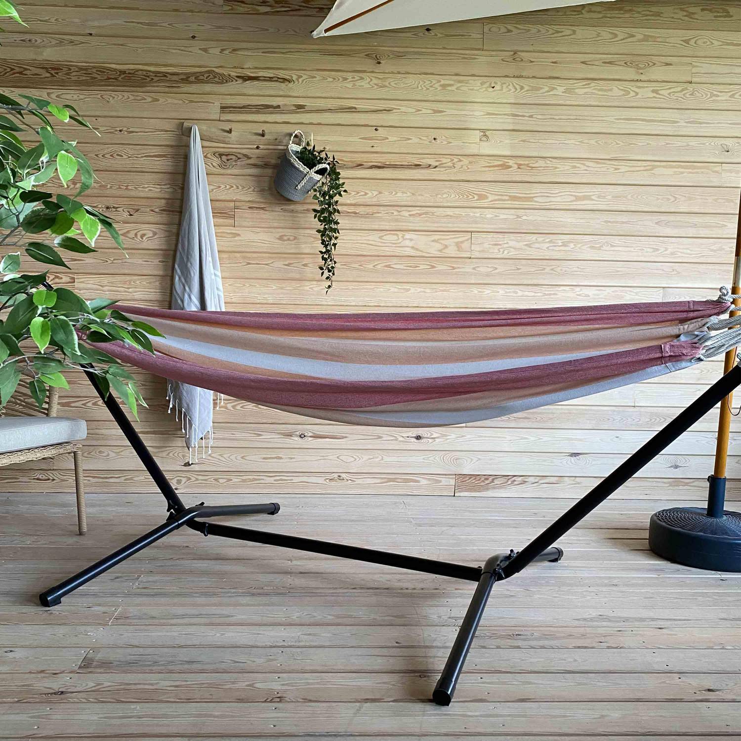 Hangmat voor 1 persoon, 110x220cm, met touwen en karabijnhaken, met standaard, oranje en rorood gestreept Photo4