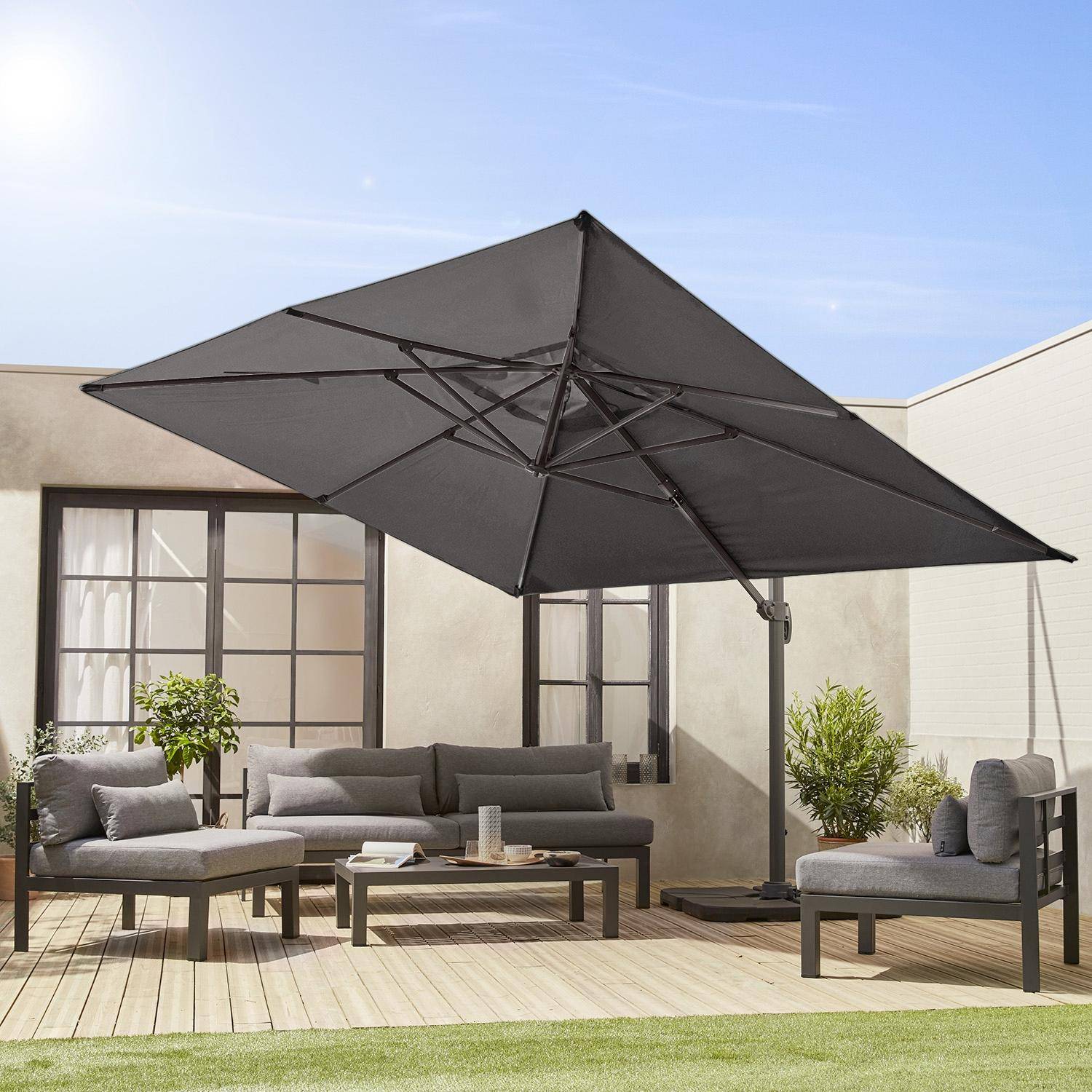 Rechthoekige zweefparasol 3x4m, Kantelbaar in 6 posities, 360° draaibaar, Grijs Photo2