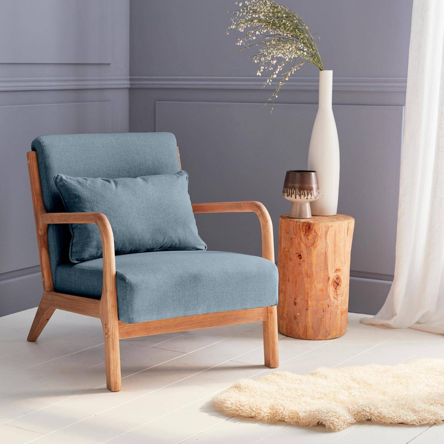 Sillón de diseño en madera y tela, 1 asiento recto fijo, patas de compás escandinavas, asiento cómodo, armazón de madera maciza, azul Photo1