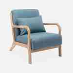 Cadeirão de design em madeira e tecido, 1 assento reto fixo, pernas escandinavas em forma de compasso, assento confortável, estrutura em madeira maciça, azul Photo4