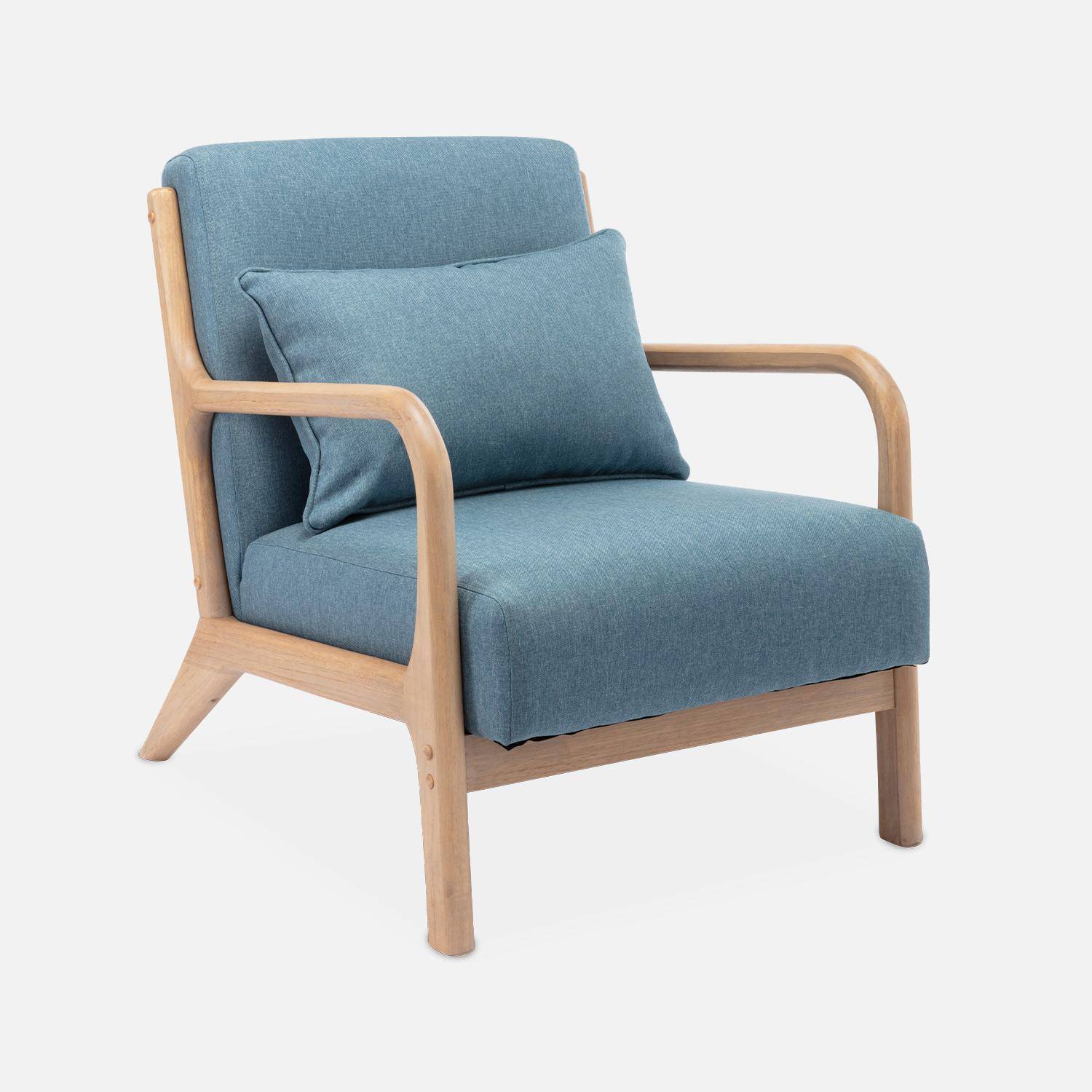 Cadeirão de design em madeira e tecido, 1 assento reto fixo, pernas escandinavas em forma de compasso, assento confortável, estrutura em madeira maciça, azul Photo4
