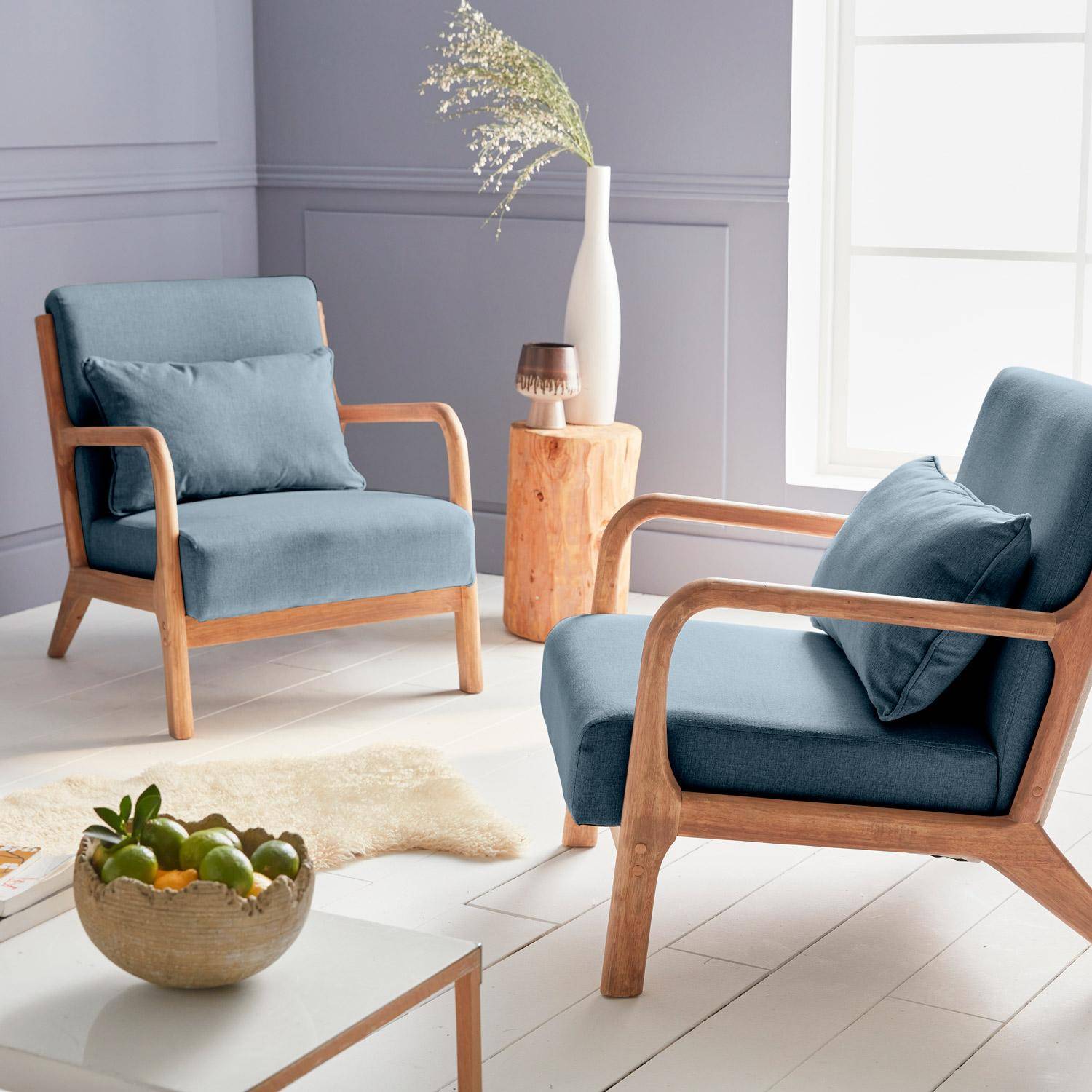 Sillón de diseño en madera y tela, 1 asiento recto fijo, patas de compás escandinavas, asiento cómodo, armazón de madera maciza, azul Photo2
