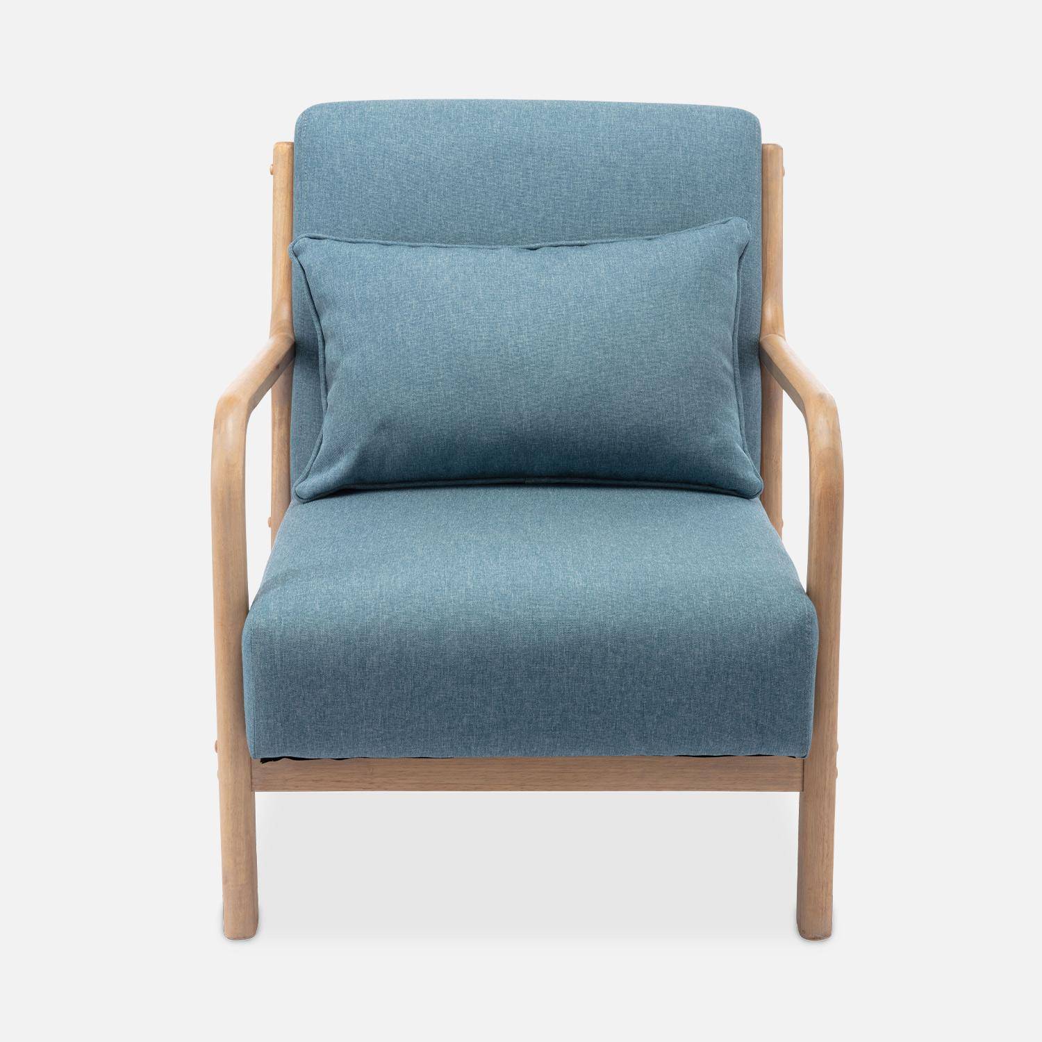 Cadeirão de design em madeira e tecido, 1 assento reto fixo, pernas escandinavas em forma de compasso, assento confortável, estrutura em madeira maciça, azul Photo5